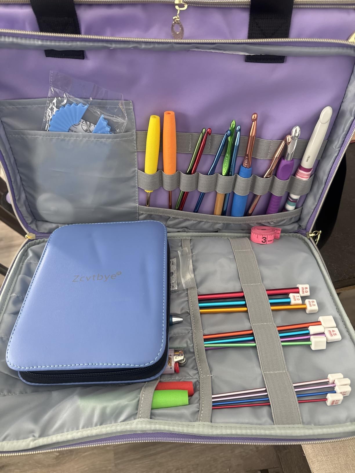 Anitor Large Crochet Bag Knitting Bag Yarn Storage Tote, Yarn Bag with Clear Top Lid, Unfinished Project Compartment, 6 Yarn Holes, Holds Knitting Needles, Crochet Hooks, Yarn, Purple, (Bag Only) customer photo 2