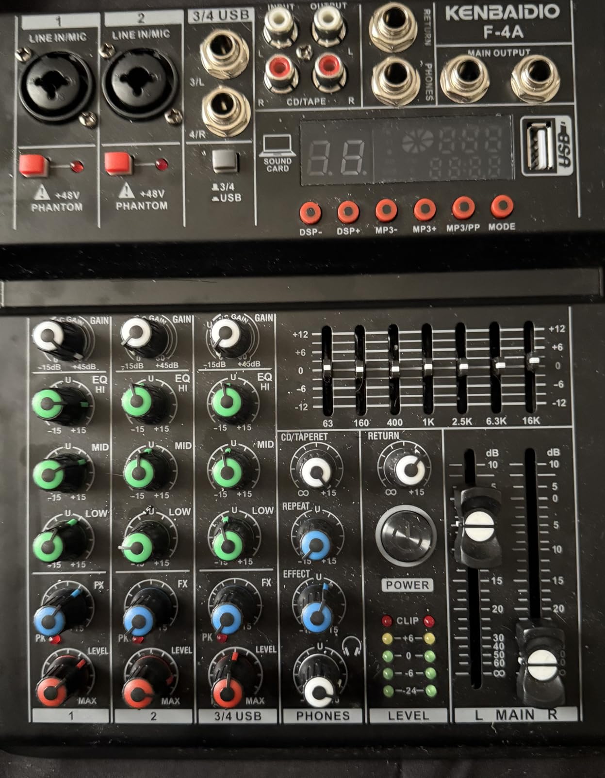 Audio Mixer, Professional DJ Mixer Sound Board 99 DSP Effect, 7-Band EQ, 4 Channel Digital Mixer USB Bluetooth MP3 Input,48V Phantom Power DJ Controller Mixing Console for PC Studio Karaoke customer photo 1