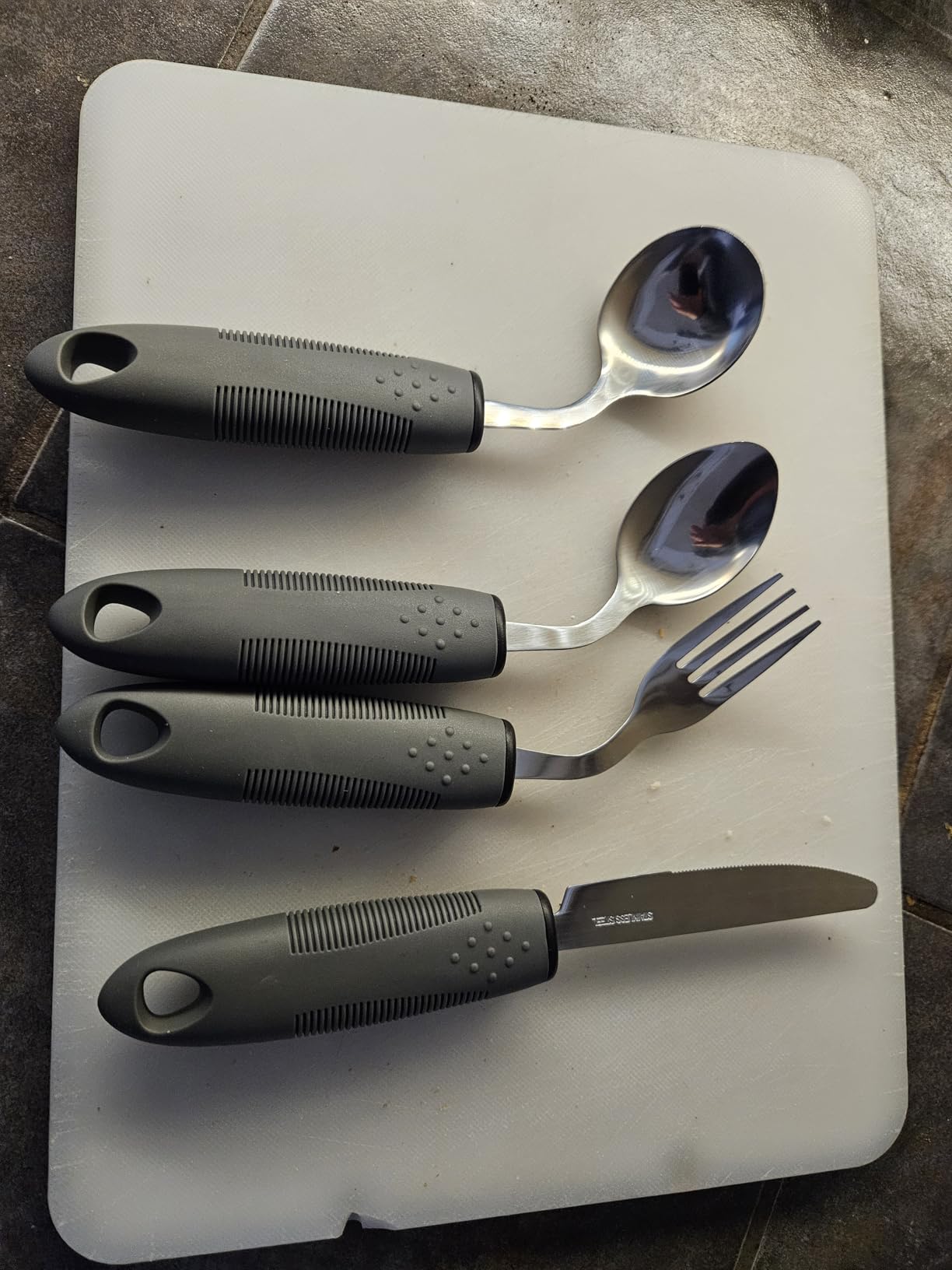 KintKita Adaptive Utensils for Elderly 4 Piece, 2.9 oz Weighted Silverware for Hand Tremors, 45°Angled Parkinsons Utensils for Elderly, Arthritis, Weak Hand Grip, Right-Handed Use customer photo 1