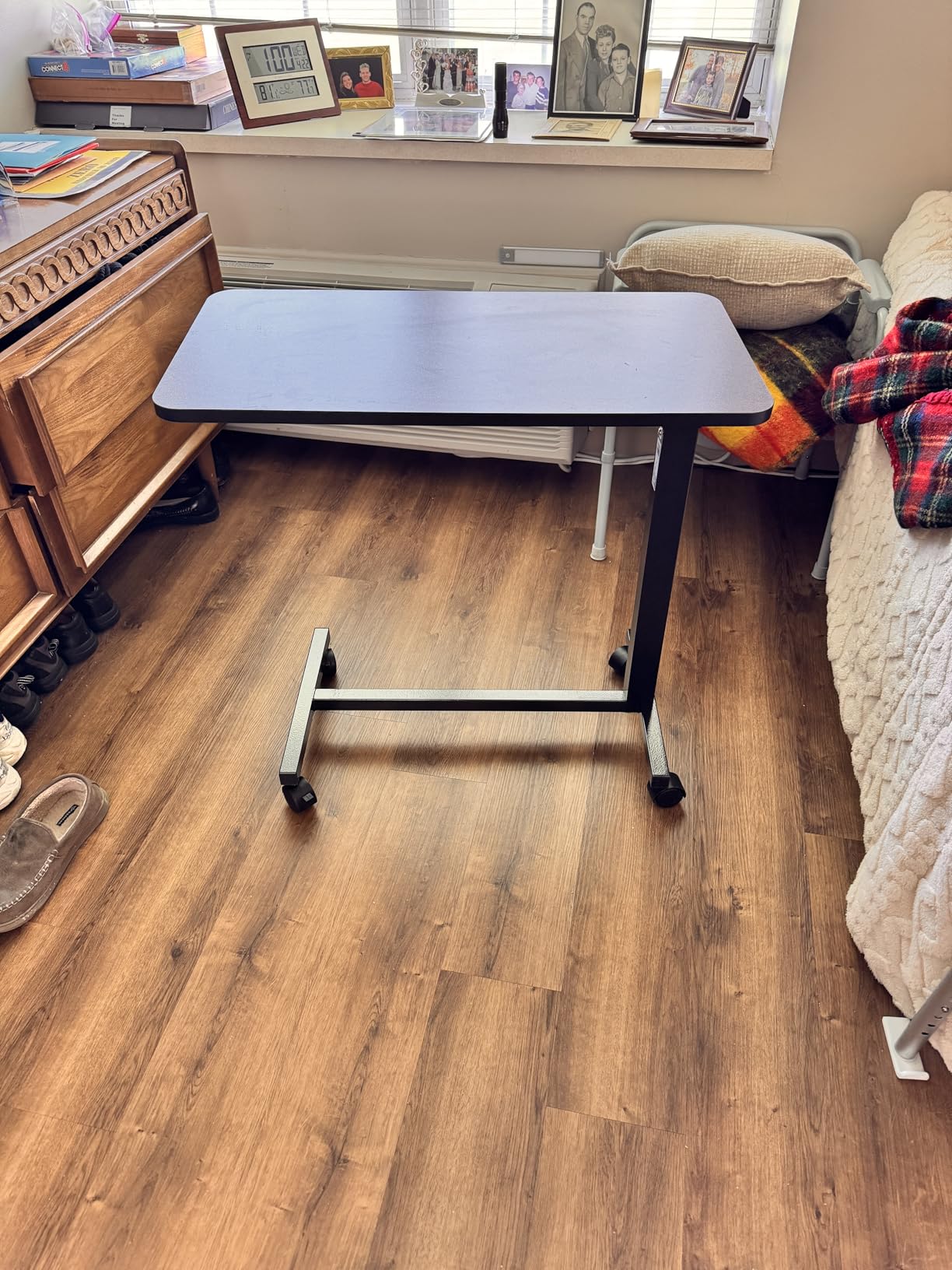 Drive Medical Overbed Table with Wheels - Secure Height Adjustment for Comfort - Non Tilt Surface - Smooth Rolling Design - Home & Hospital Use - Woodgrain Laminate Top - Silver Vein customer photo 1