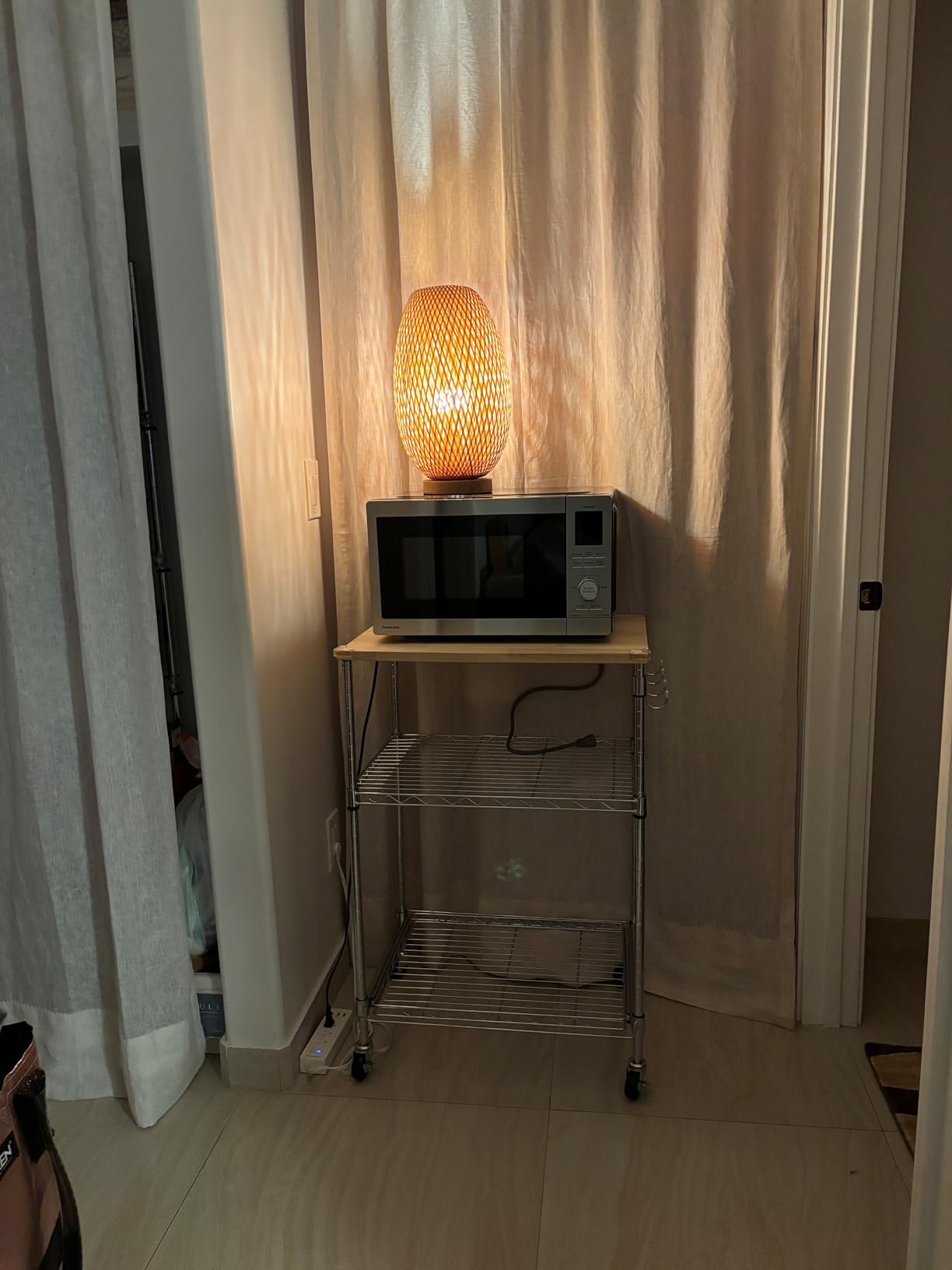 Finnhomy 3-Tier Rolling Kitchen Cart, Microwave Cart with Oak Wood Tabletop and Drawer Slider, Coffee Cart & Food Service Cart with Hooks, Chrome customer photo 1