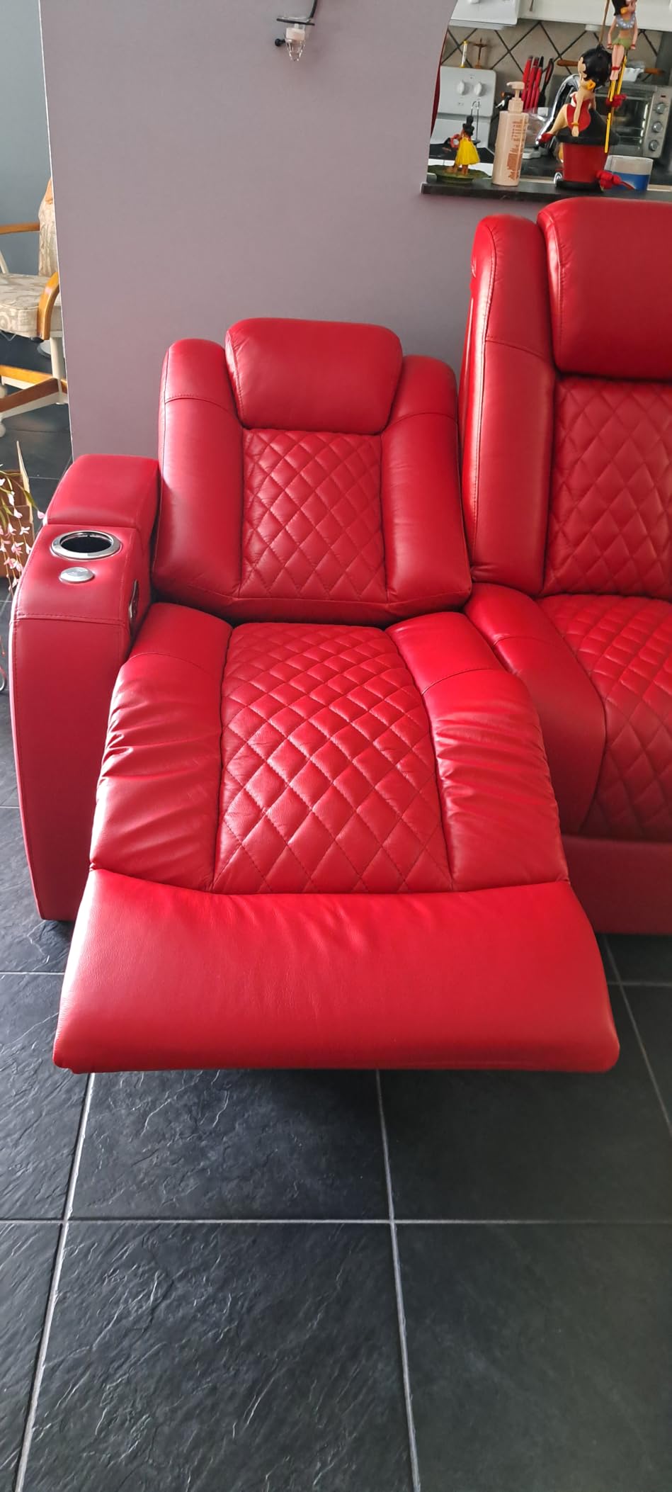 Seatcraft Anthem Home Theater Seating - Italian Leather - Power Recline Sofa - Fold-Down Table - Powered Headrests - Arm Storage - USB Charging - Cup Holders, Red customer photo 1