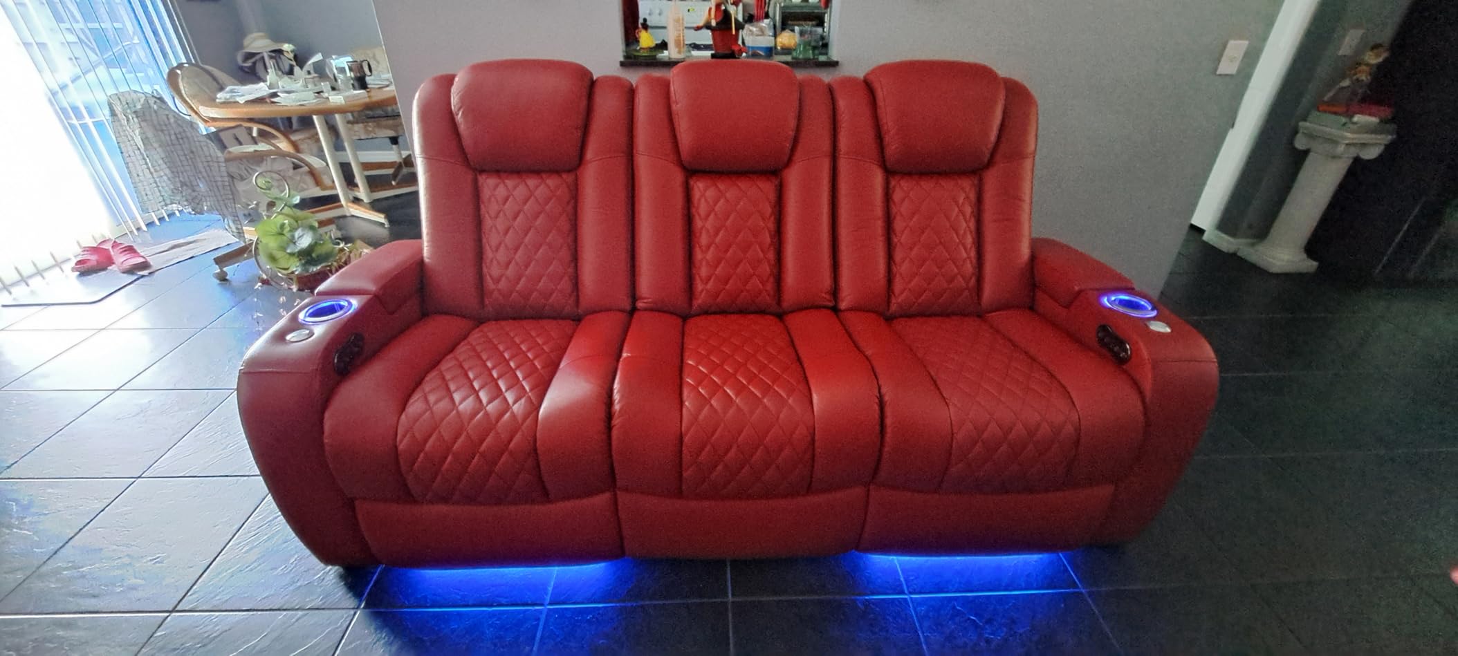 Seatcraft Anthem Home Theater Seating - Italian Leather - Power Recline Sofa - Fold-Down Table - Powered Headrests - Arm Storage - USB Charging - Cup Holders, Red customer photo 2