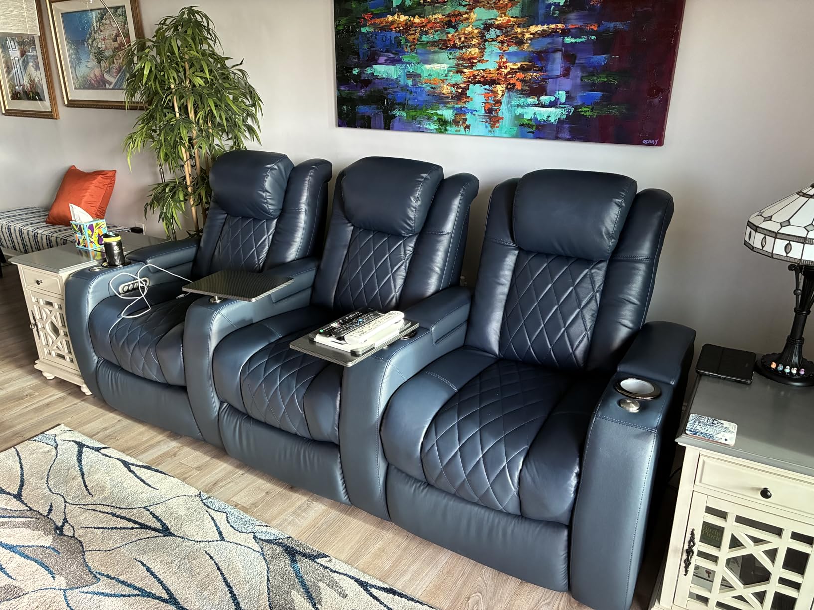 Valencia Tuscany Home Theater Seat - Nappa Leather Power Recliner with Cool Gel Memory Foam, USB-C/USB-A Charging, RGB LED Lights, Adjustable Lumbar & Headrest (Row of 3, Black) customer photo 1