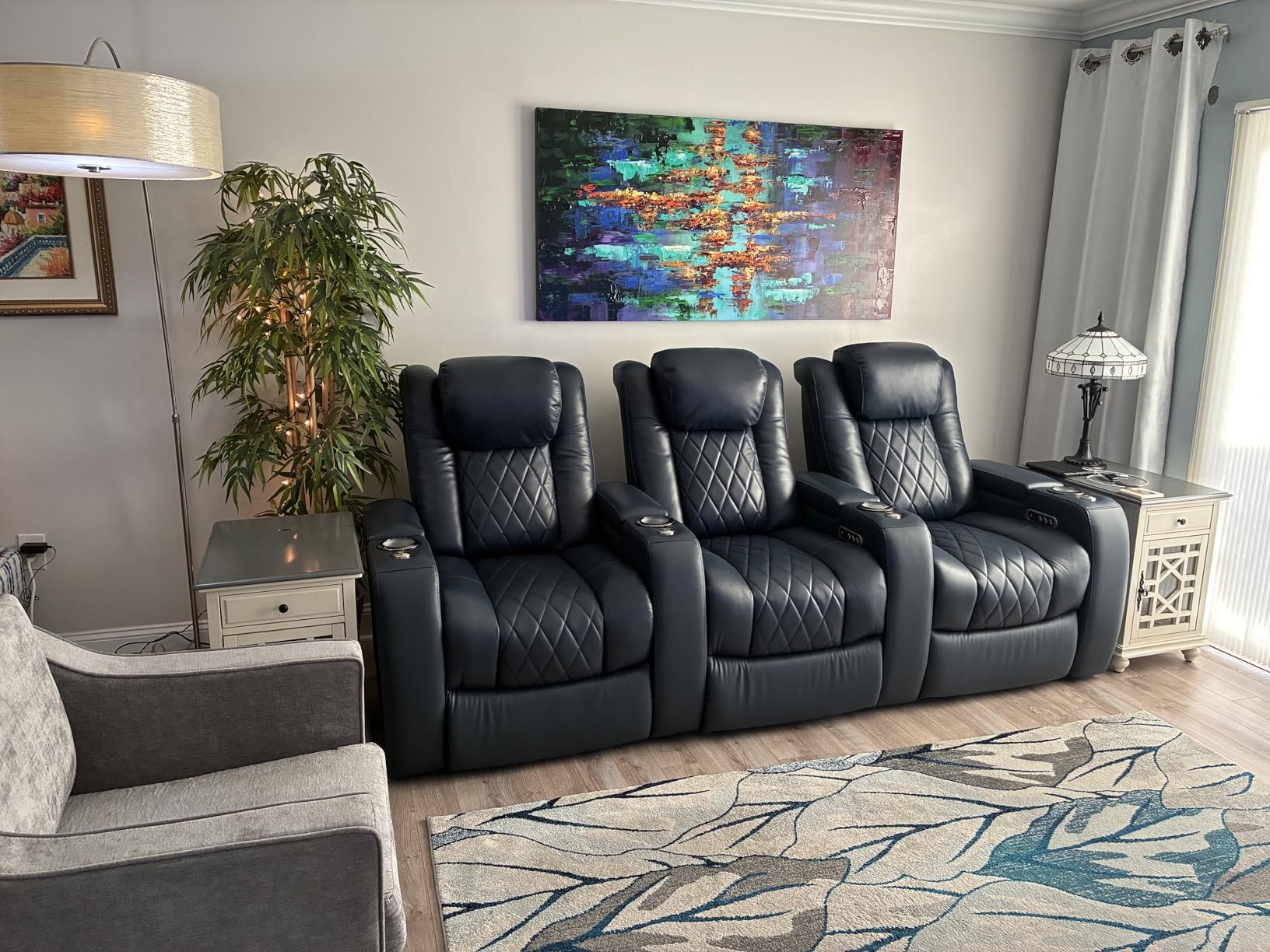 Valencia Tuscany Home Theater Seat - Nappa Leather Power Recliner with Cool Gel Memory Foam, USB-C/USB-A Charging, RGB LED Lights, Adjustable Lumbar & Headrest (Row of 3, Black) customer photo 2