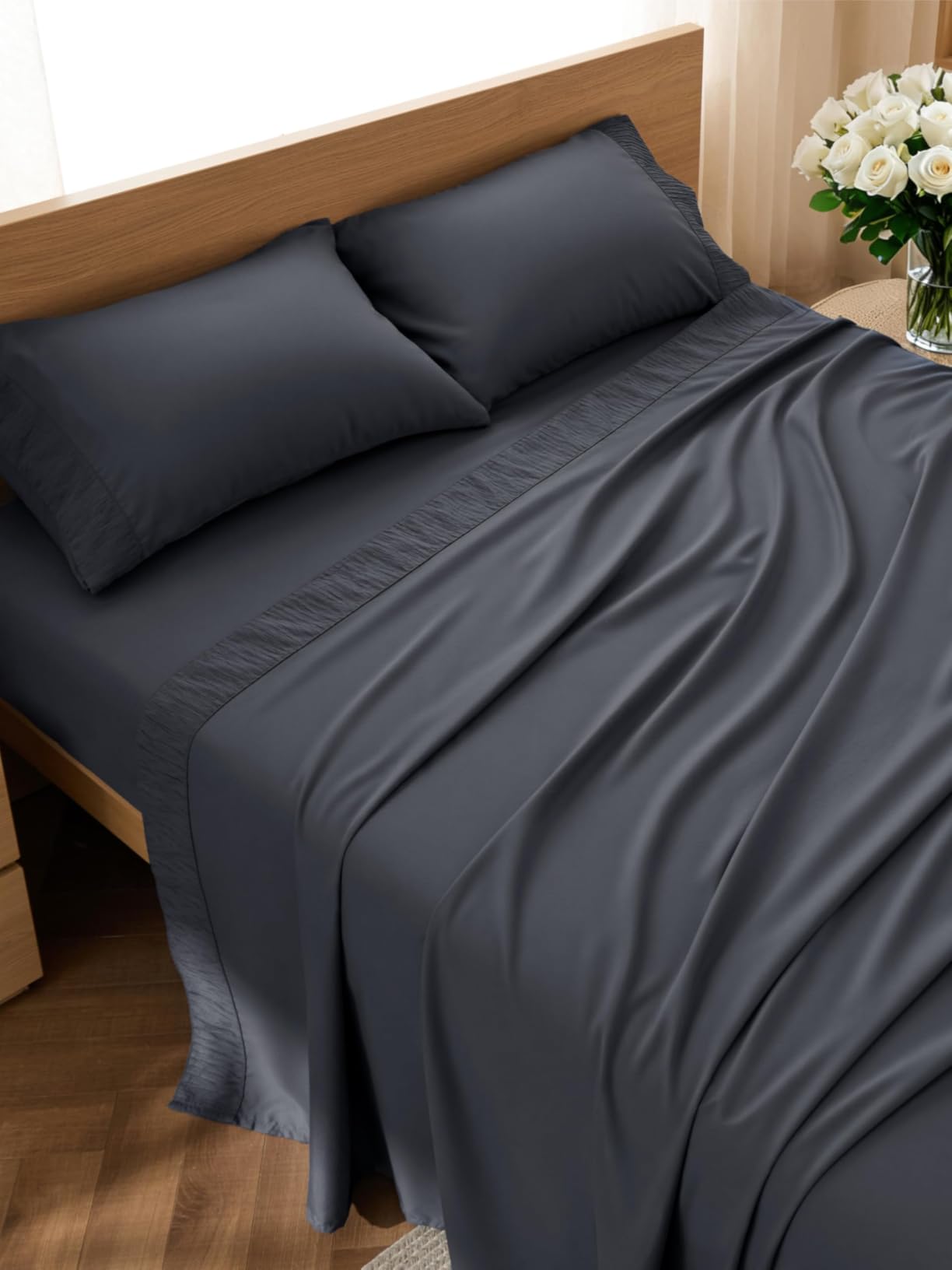 Bedsure Queen Sheet Set - 4 Pieces Soft Queen Size Sheets - Breathable & Cooling - Hotel Luxury - Easy Care Polyester Microfiber Bedding, Dark Grey customer photo 1