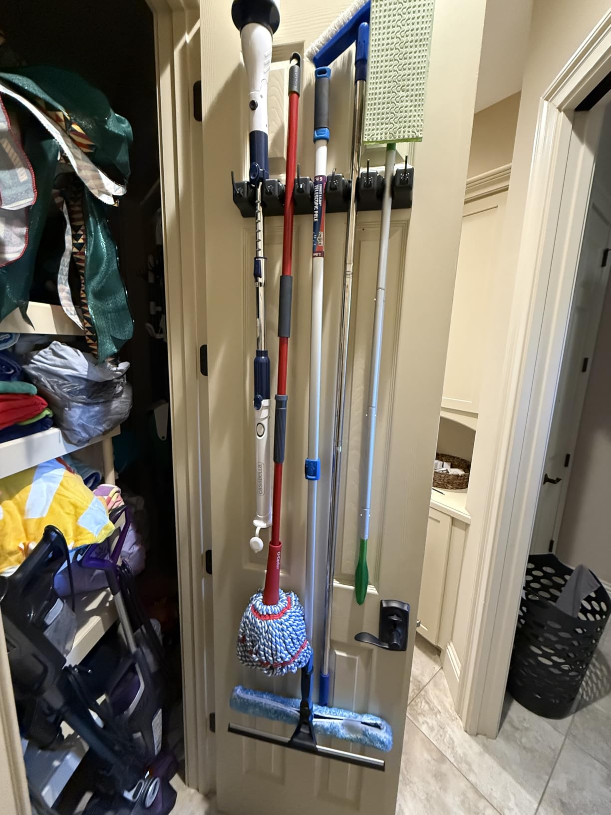 IMILLET 2 Pack Mop and Broom Holder, Wall Mounted Organizer Mop and Broom Storage Tool Rack with 5 Ball Slots and 6 Hooks (Black) customer photo 2