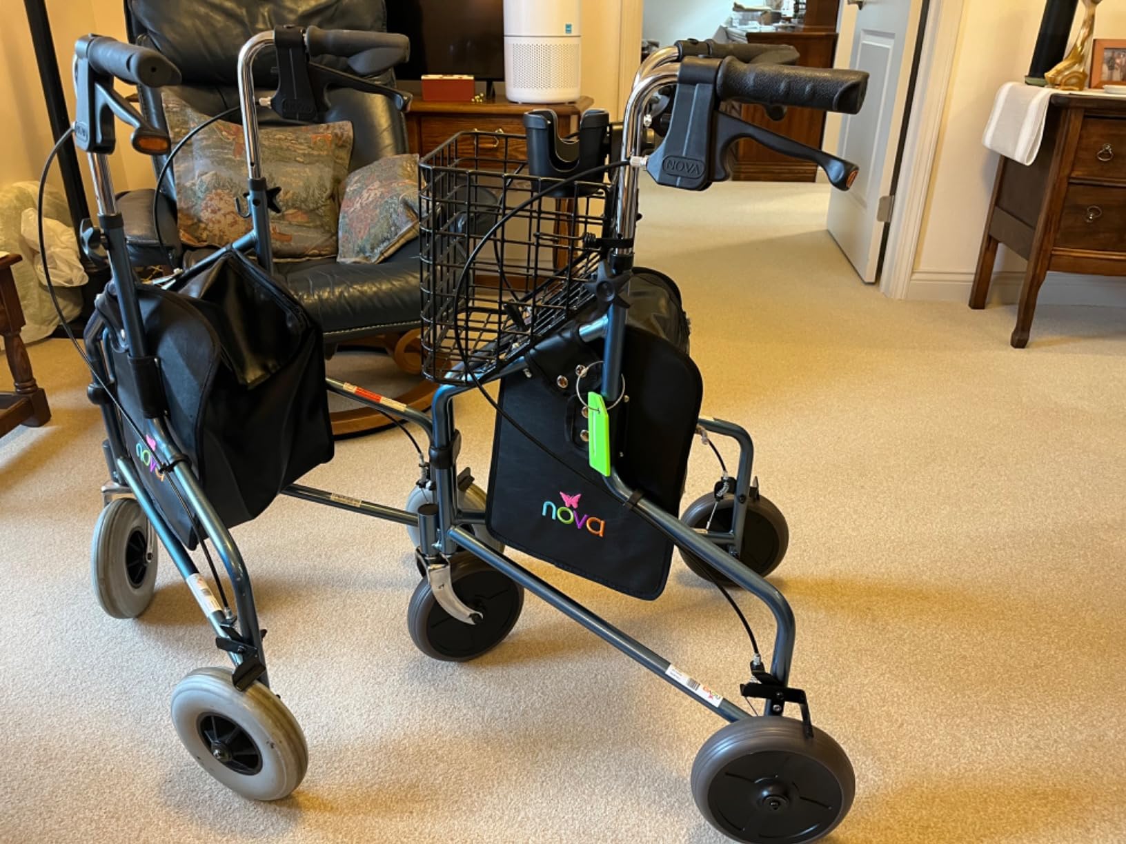 NOVA Traveler Folding 3-Wheel Walker with Tray, Basket, Pouch & Cup Holder, Lightweight Mobility Aid for Seniors & Adults, 8