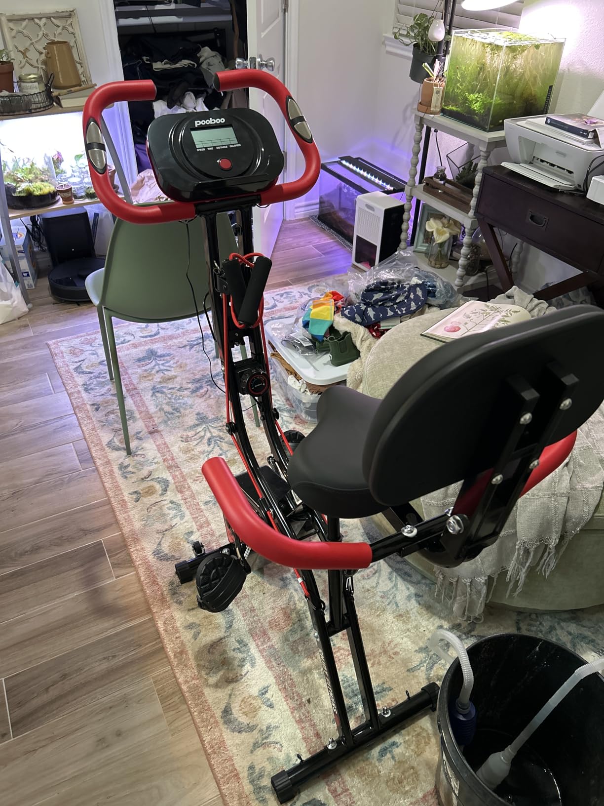 pooboo Folding Exercise Bike, Foldable Upright Stationary Bike, Indoor Cycling Magnetic X-Bike with 8-Level Adjustable Resistance, 6.6 LBS Flywheel, 300LB Capacity, Back Support Cushion for Home Gym customer photo 1
