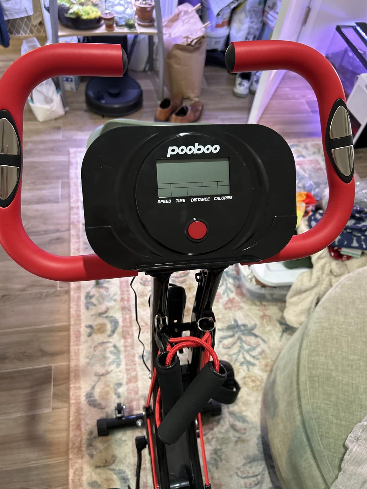 pooboo Folding Exercise Bike, Foldable Upright Stationary Bike, Indoor Cycling Magnetic X-Bike with 8-Level Adjustable Resistance, 300LB Capacity, Back Support Cushion for Home Gym customer photo 2