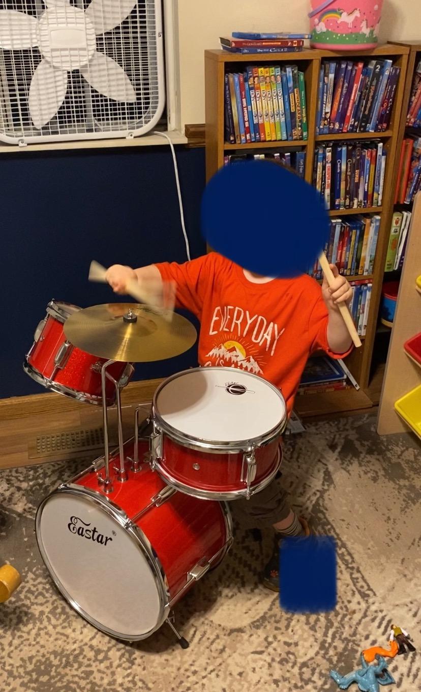 Eastar Drum Set for Kids and Beginners, 3-Piece 14'' Drum Kit with Adjustable Throne, Cymbal, Pedal & Two Pairs of Drumsticks, Junior Drum Set with Bass Tom Snare Drum, Metallic Red customer photo 2