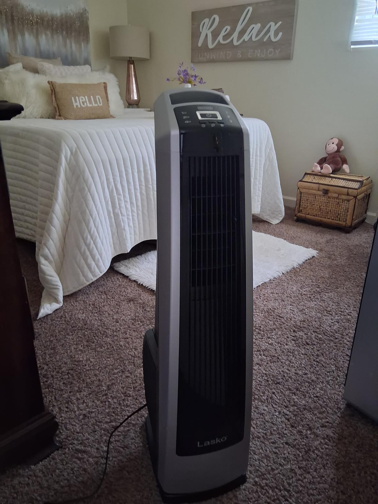 Lasko High Velocity Oscillating Tower Fan with Remote Control - Quiet Standing Fan for Bedroom, Office, and Home - 3 Speeds - Powerful Cooling Air - U35115 - 35