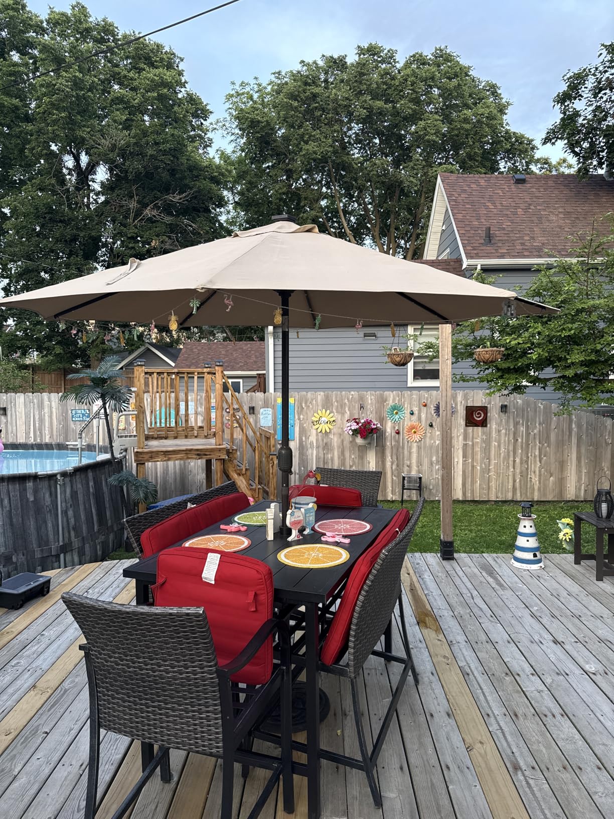 Blissun 9 ft Solar Umbrella 32 LED Lighted Patio Umbrella Table Market Umbrella with Tilt and Crank Outdoor Umbrella for Garden, Deck, Backyard, Pool and Beach (Navy Blue) customer photo 1