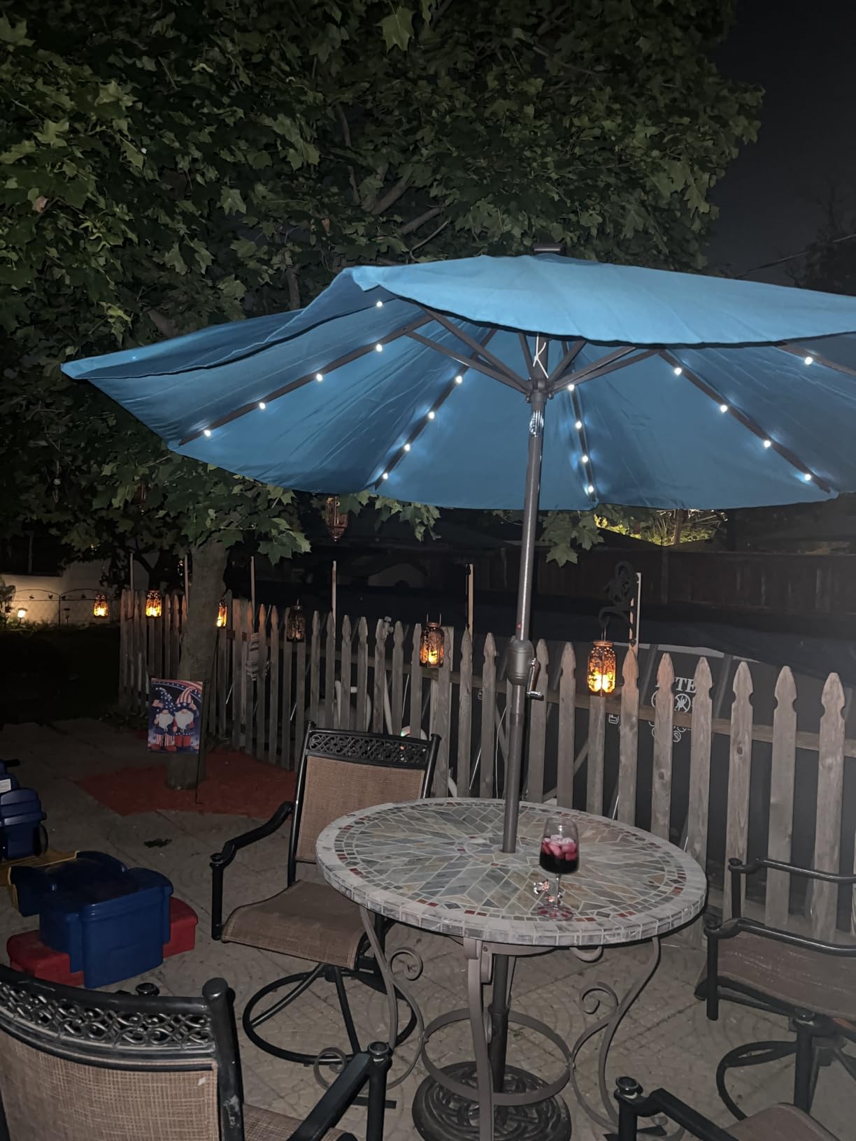 Blissun 9 ft Solar Umbrella 32 LED Lighted Patio Umbrella Table Market Umbrella with Tilt and Crank Outdoor Umbrella for Garden, Deck, Backyard, Pool and Beach (Navy Blue) customer photo 2