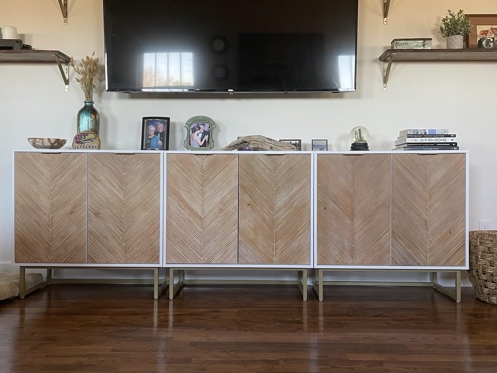Nathan James Enloe Modern Storage Free Standing Accent Cabinet White with Doors in a Rustic Pine Wood Finish and Gold Powder-coated Metal Base for Hallway, Entryway or Living Room, Brown/White/Gold customer photo 1
