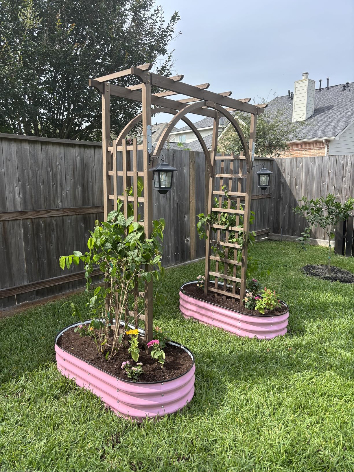 VINGLI 85in Wooden Arbor, Wedding Arch for Ceremony, Wood Trellis for Plant Climbing, Christmas Decor Pergola for Garden Backyard, Lawn (Teak) customer photo 2
