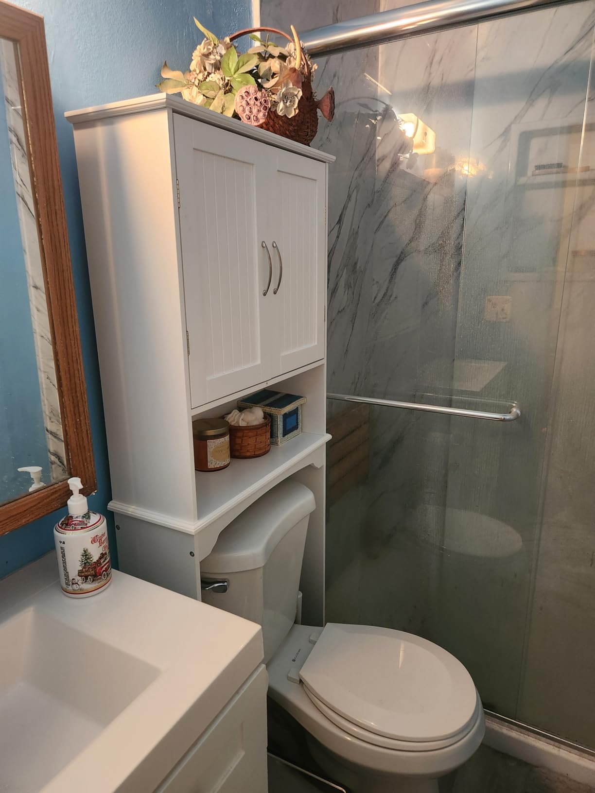 Yaheetech Over the Toilet Storage Cabinet, Bathroom Organizer, White | Adjustable Shelf Frees Up Floor Space, Open Compartment, 2 Beadboard Doors, Holds Towels, Anti-Tip Kit Included customer photo 2