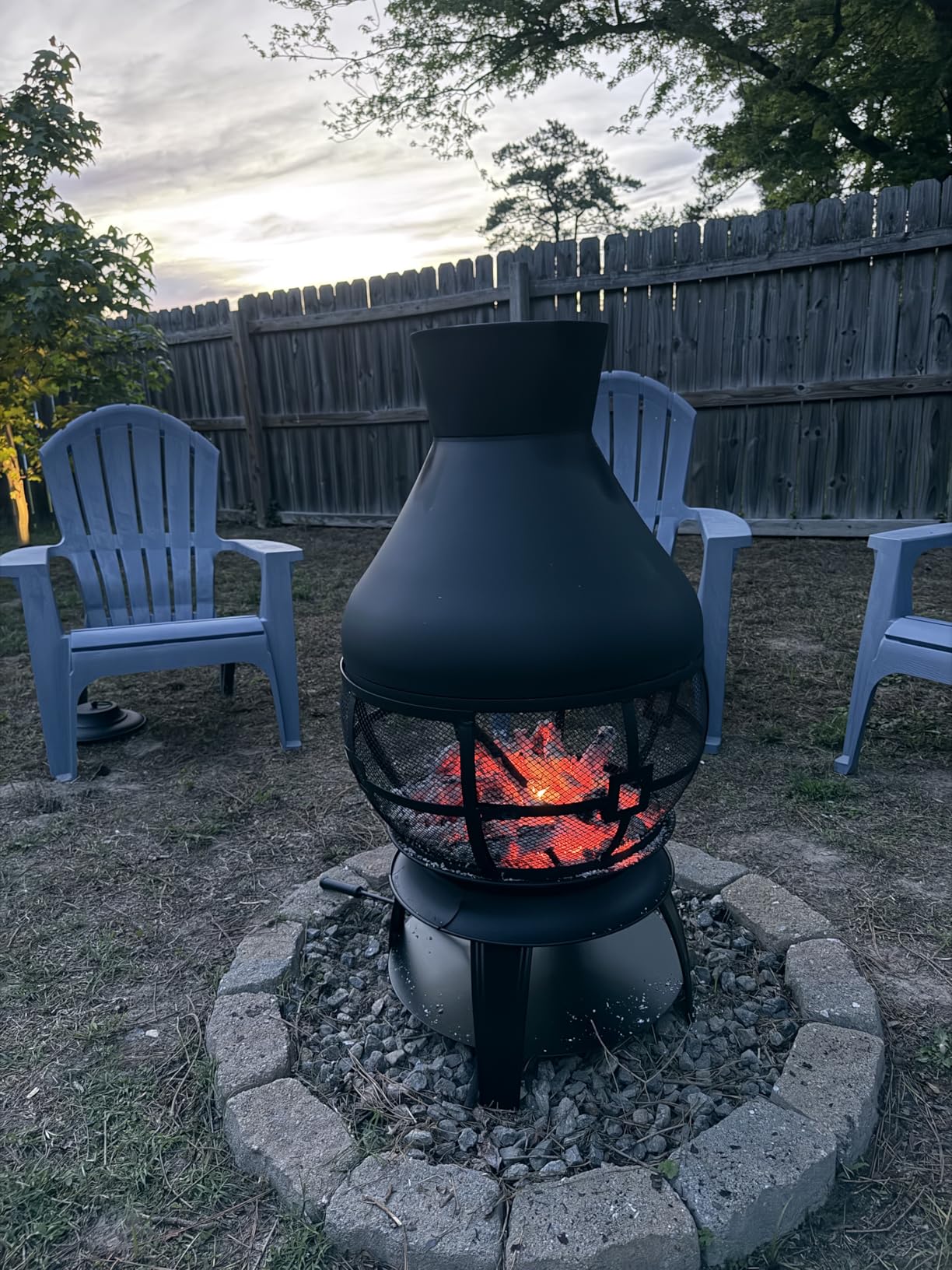 Giantex Wood Burning Chiminea, Heavy Duty Fireplace Chiminea Wooden Fire Pit with 2-piece Log Grate, Premium Rain Cap & Fire Poker, 360°Fire Retardant Mesh Cover, Ideal for Garden, Patio, Backyard customer photo 2