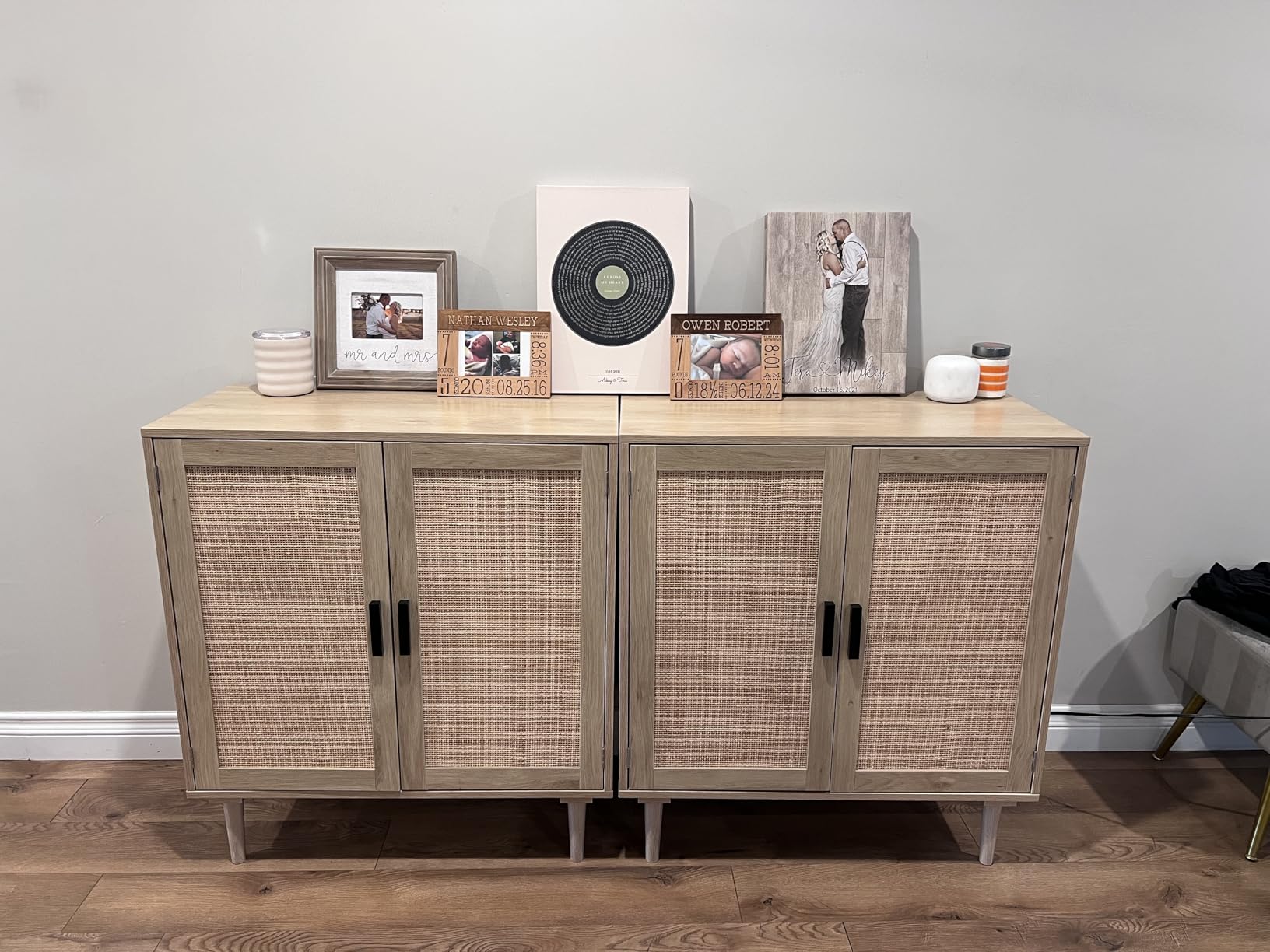 Finnhomy Sideboard Buffet Cabinet, Kitchen Storage Sideboard with Rattan Decorated Doors, Liquor Coffee Buffet, Dining Room, Hallway, Console Table, Accent Cabinet, 31.5X 15.8X 34.6 Inches, Natural customer photo 1