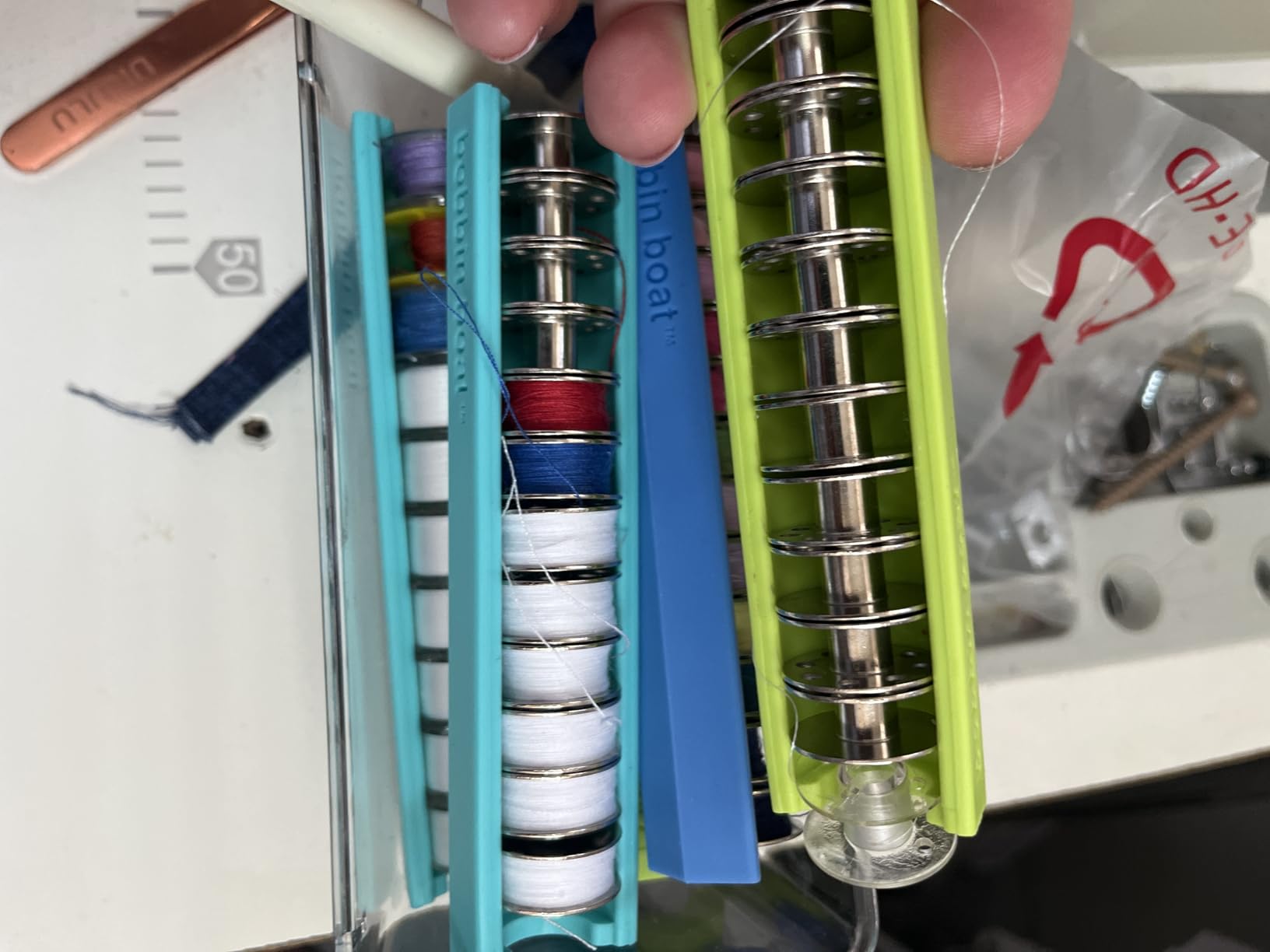 Dritz Bobbin Boat Trio - Bobbin Storage Holders for Sewing - Each Holds 10 Class 15 or Class 66 Bobbins, Curved 