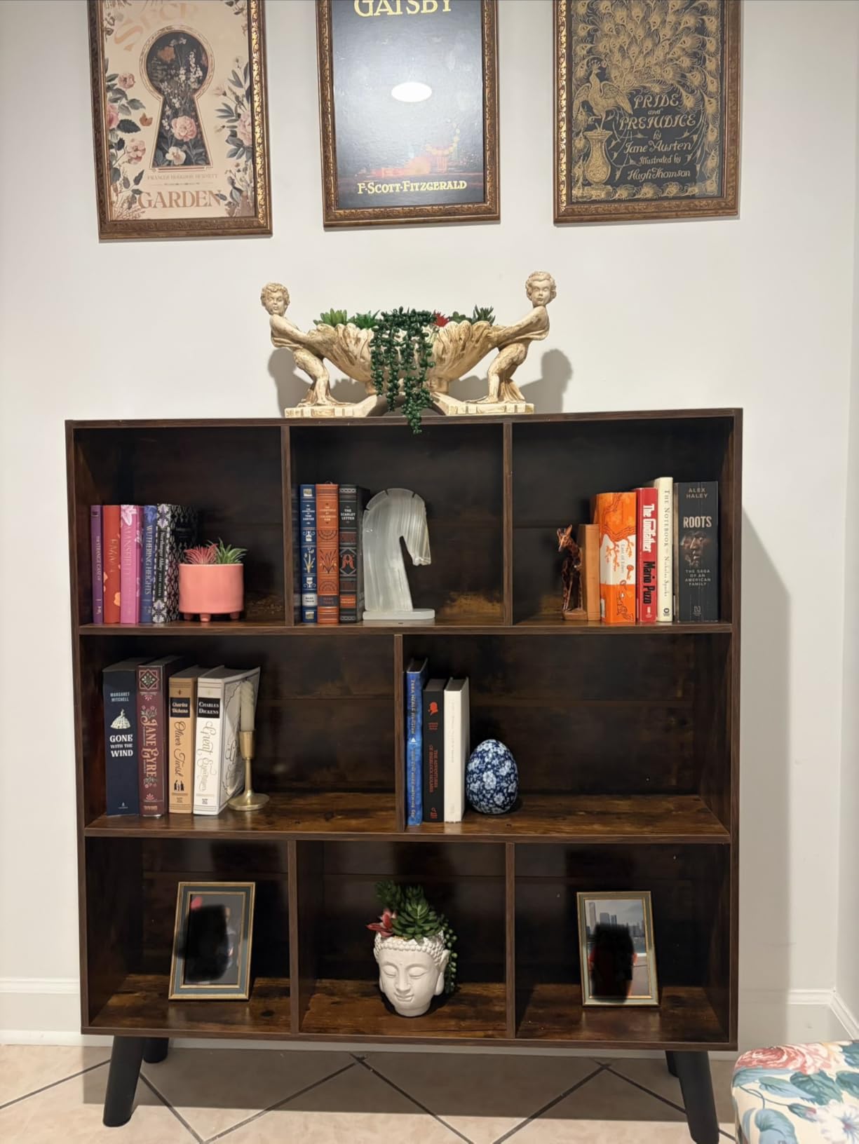 LEYAOYAO Cube Bookshelf 3 Tier Mid-Century Rustic Brown Modern Bookcase with Legs, Retro Wood Bookshelves Storage Organizer Shelf, Freestanding Open Book Shelves for Bedroom, Living Room, Office customer photo 1