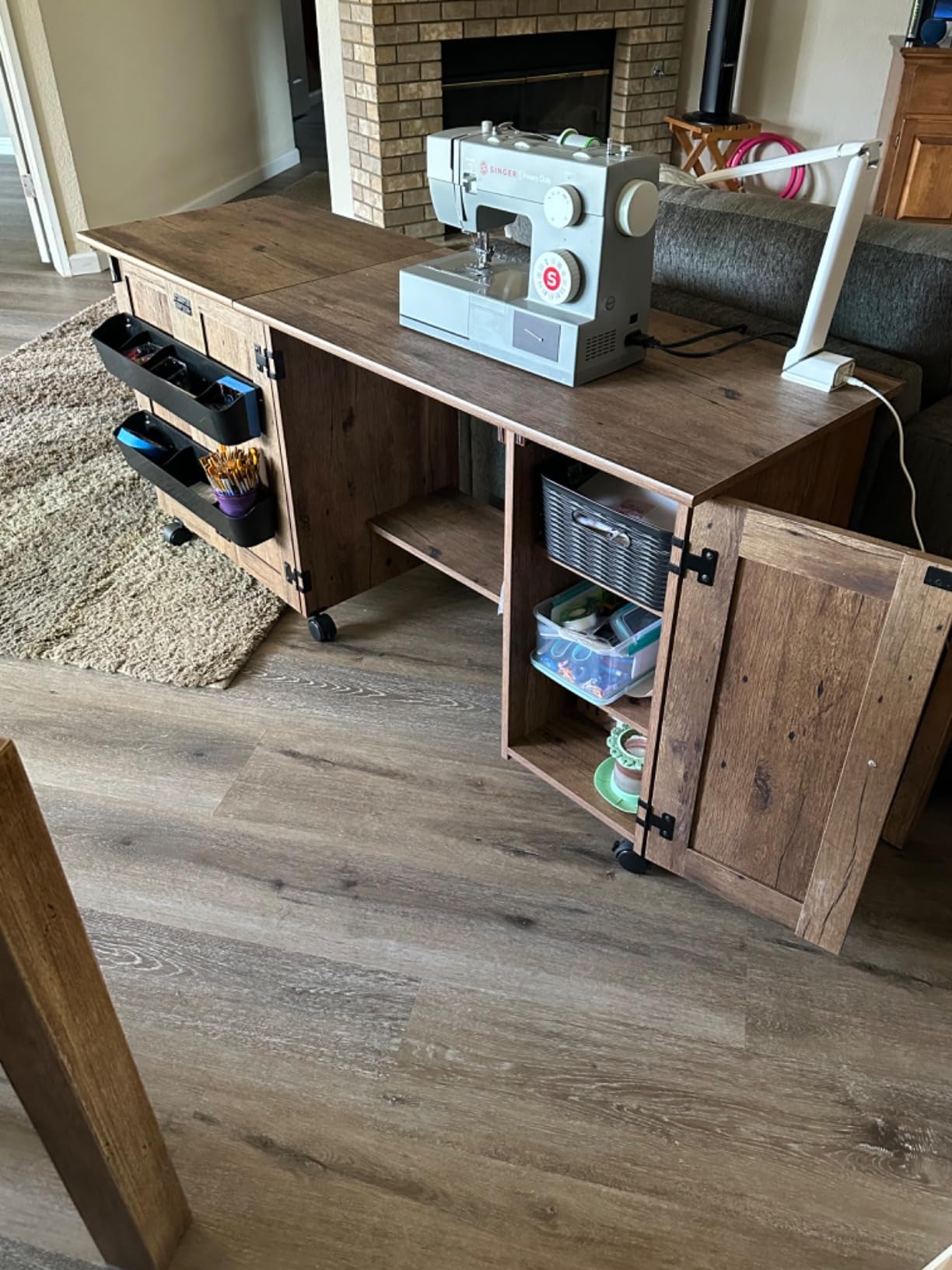 BOWERY HILL Contemporary Engineered Wood Sewing Craft Table with 2 Doors, 2 Storage Bins, Hidden Shelf, 2 Adjustable Shelves, Easy-Roll Casters, in Vintage Oak Finish customer photo 2