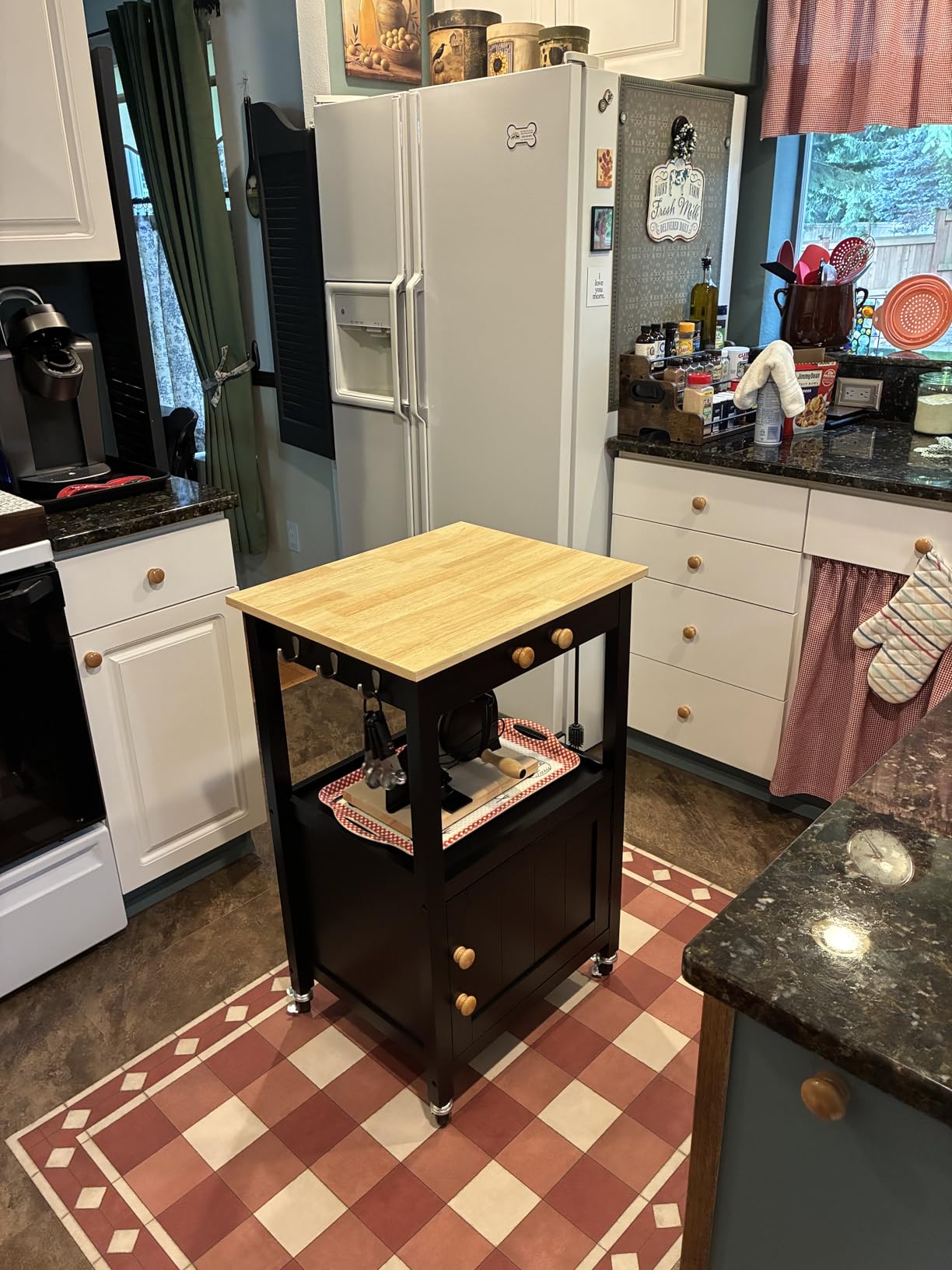 Yaheetech Kitchen Island Cart with Storage, Rolling Kitchen Island on Wheels with 6 Side Hooks, Wood Top Microwave Cart with Drawer for Dining Room, Black customer photo 1