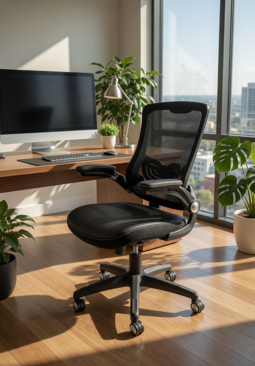 Office Chair Ergonomic Desk Chair, Computer PU Leather Home Office Chair, Swivel Mesh Back Adjustable Lumbar Support Flip-up Arms Executive Task Chair customer photo 1