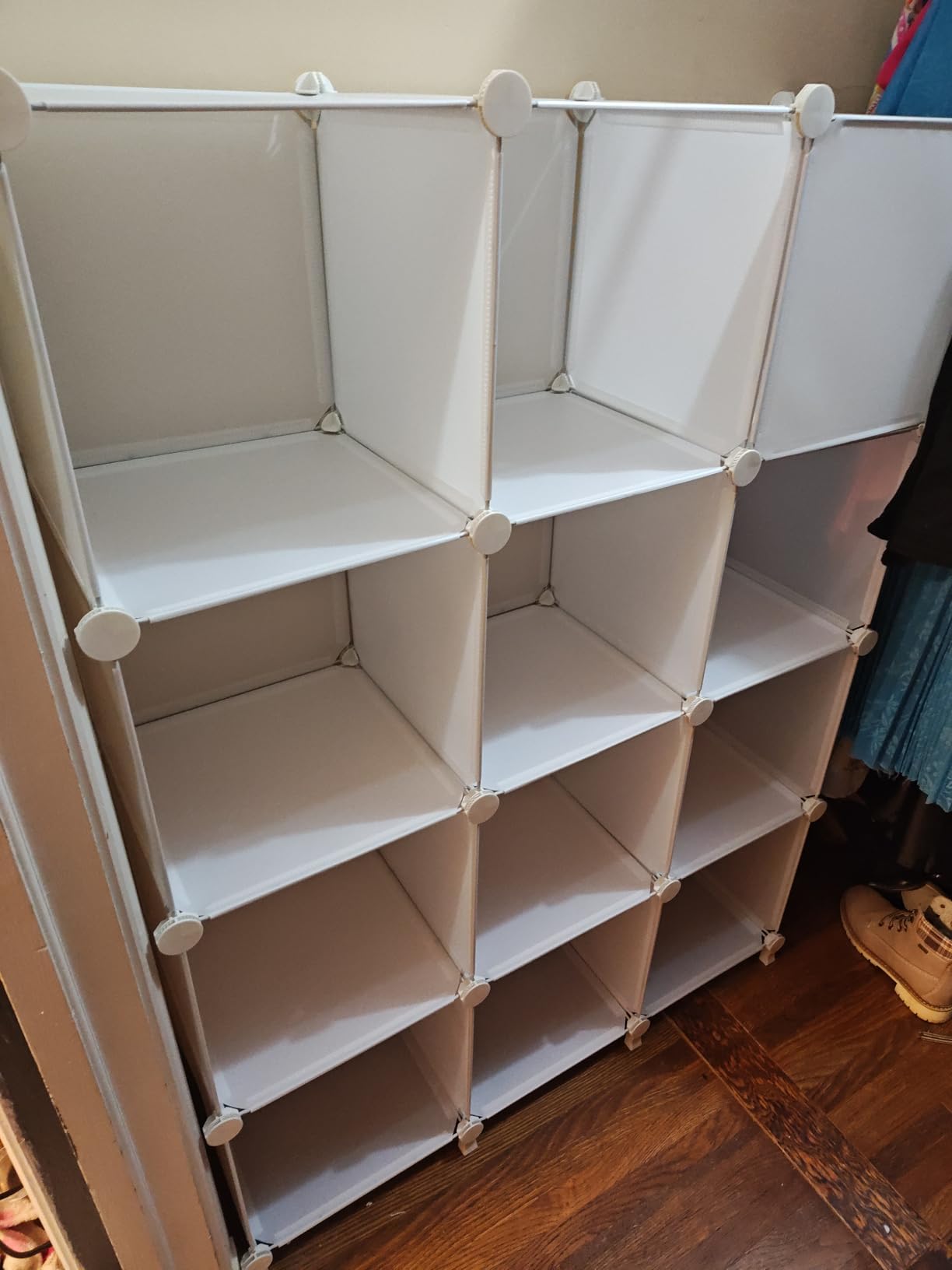 AWTATOS Cube Storage Organizer Storage 12 Cube Bookshelf DIY Plastic Closet Clothes Storage Shelves with Wooden Mallet, Stackable Storage Solution for Home, Bedroom, White customer photo 2