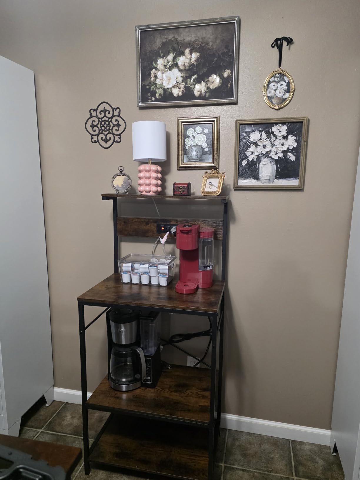 SUPERJARE Kitchen Bakers Rack with Power Outlet, Coffee Bar Table 4 Tiers, Kitchen Microwave Stand with 6 S-shaped Hooks - Rustic Brown customer photo 1