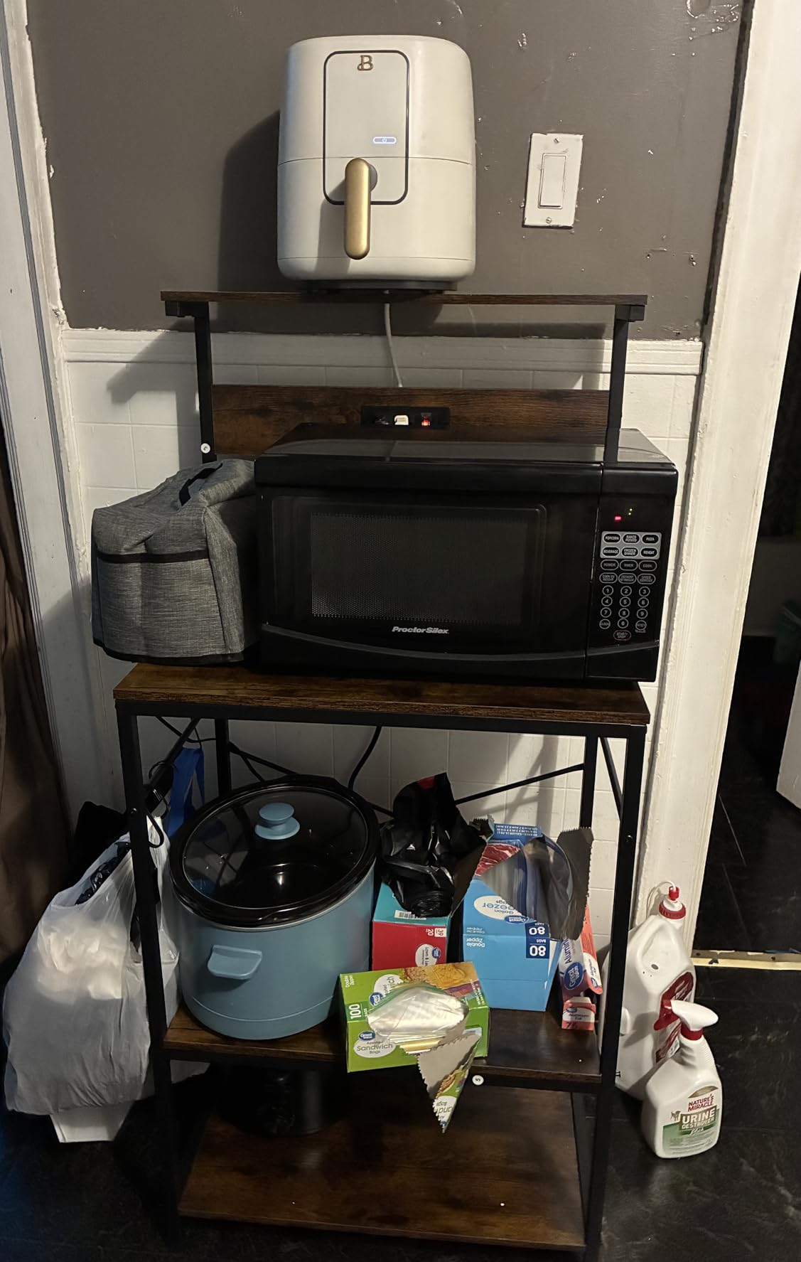 SUPERJARE Kitchen Bakers Rack with Power Outlet, Coffee Bar Table 4 Tiers, Kitchen Microwave Stand with 6 S-shaped Hooks, Storage Shelf Rack for Spices, Pots and Pans - Rustic Brown customer photo 2