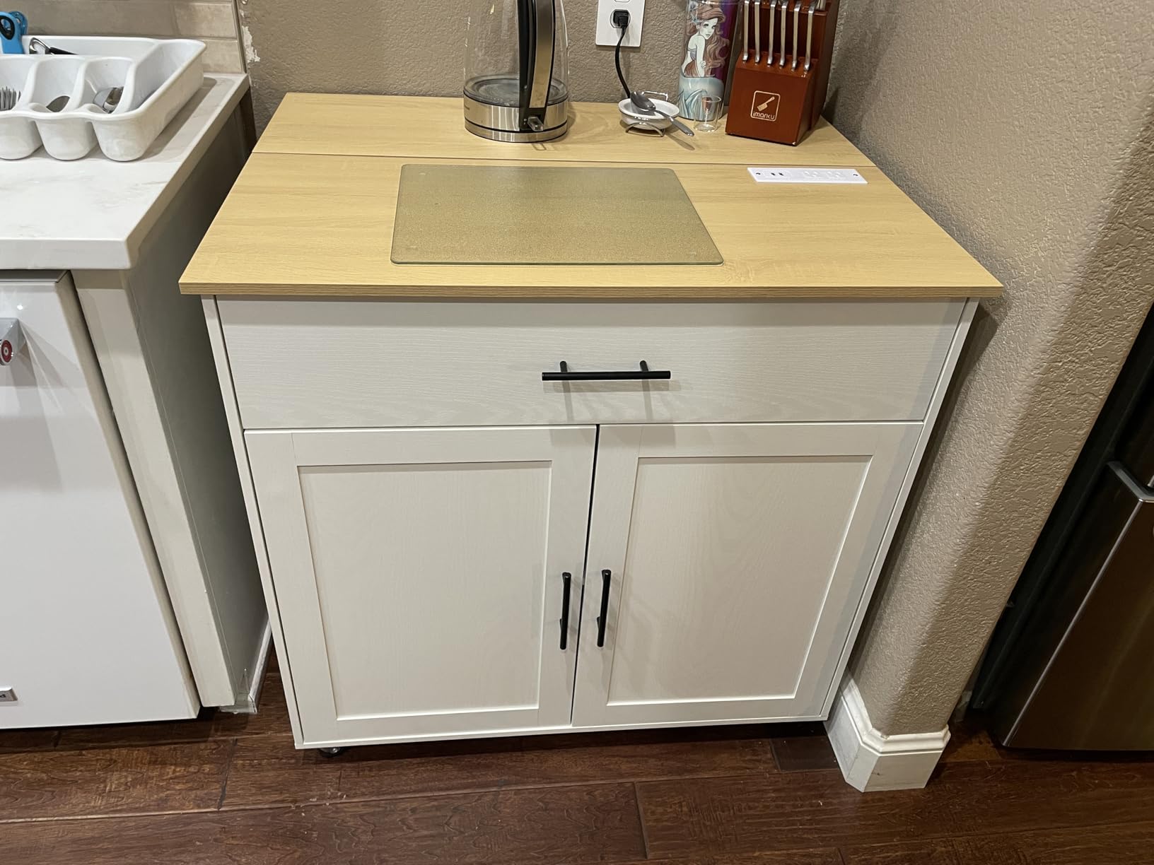 IRONCK Kitchen Island with Storage, Rolling Kitchen Island on Wheels with Drop Leaf, 3 Open Spice Rack Shelf, Door Cabinet, Drawer, Kitchen Cart Island Table for Kitchen, White customer photo 1