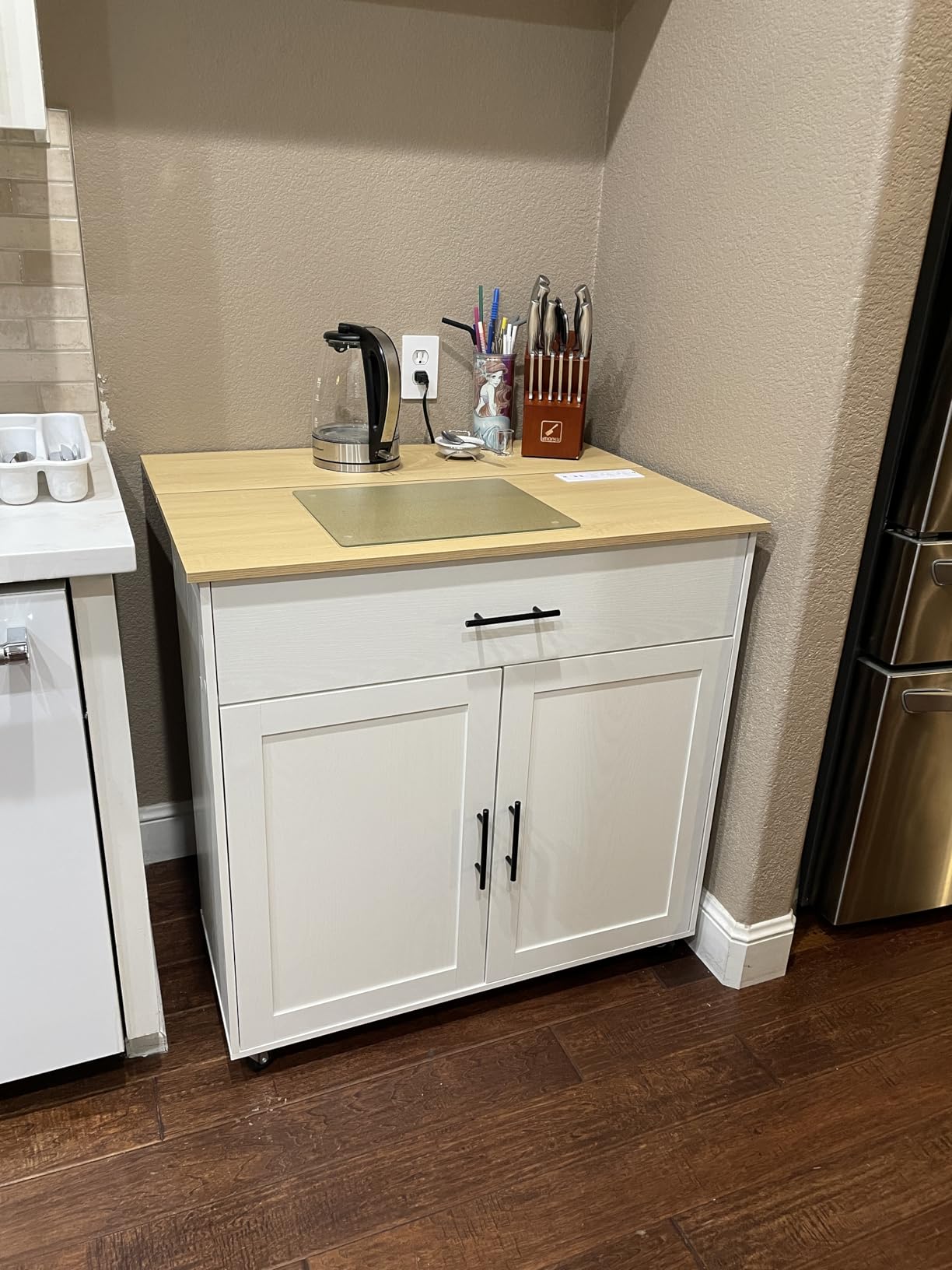 IRONCK Kitchen Island with Storage, Rolling Kitchen Island on Wheels with Drop Leaf, 3 Open Spice Rack Shelf, Door Cabinet, Drawer, Kitchen Cart Island Table for Kitchen, White customer photo 2