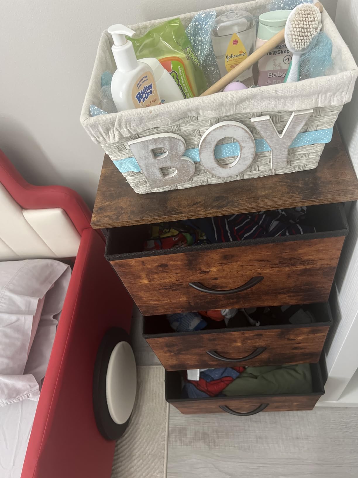 WLIVE Dresser with 3 Drawers, Fabric Nightstand, Organizer Storage Dresser for Bedroom, Hallway, Entryway, Closets, Sturdy Steel Frame, Wood Top, Easy Pull Handle, Rustic Brown Wood Grain Print customer photo 2
