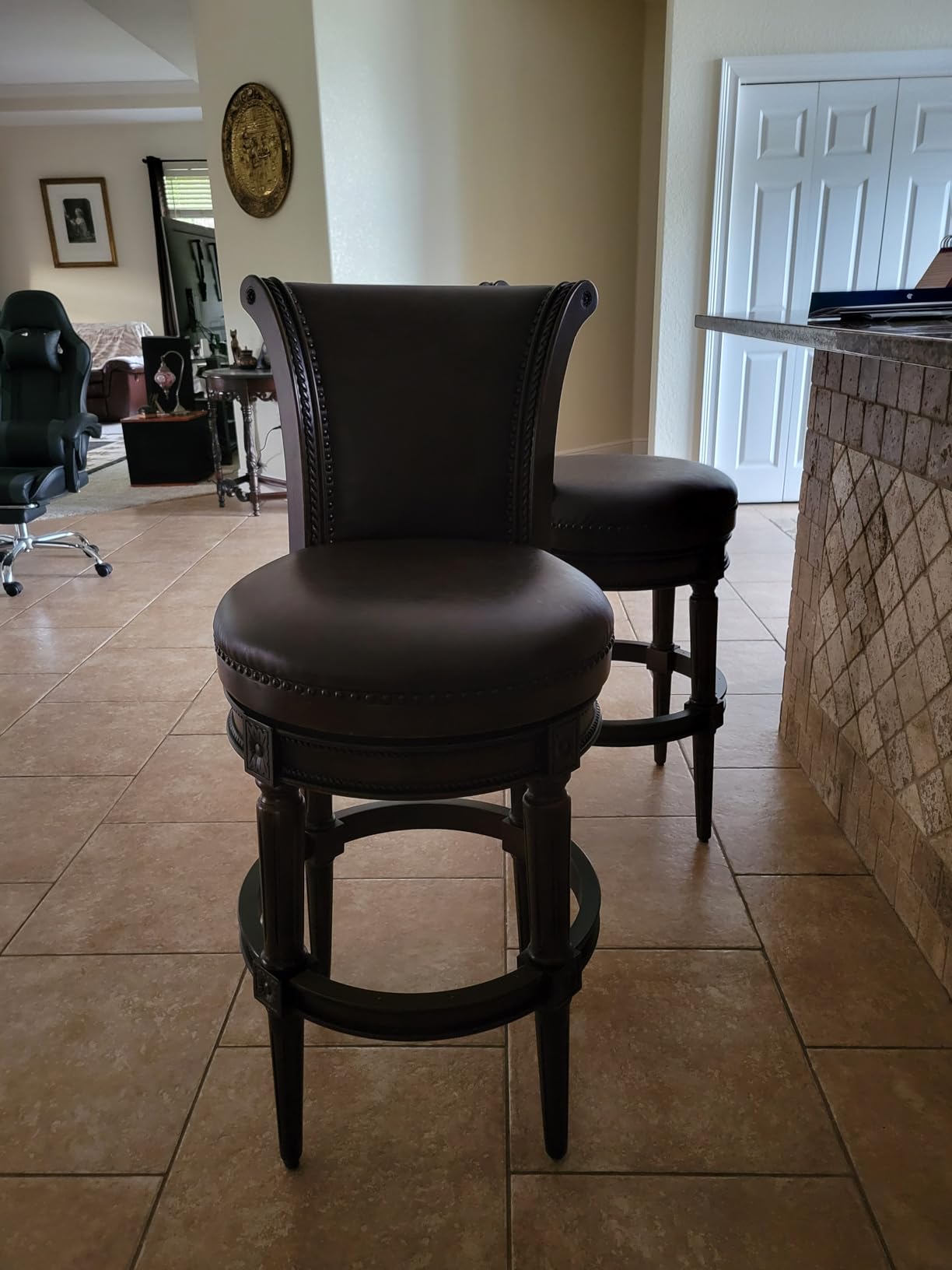 Maven Lane Pullman Bar Stool - 31 Inch Swivel Stool with Footrest - Dark Brown Solid Wood Frame & Brown Faux Leather Upholstery - Perfect for Bars, Pub Tables & Tall Kitchen Counters customer photo 1