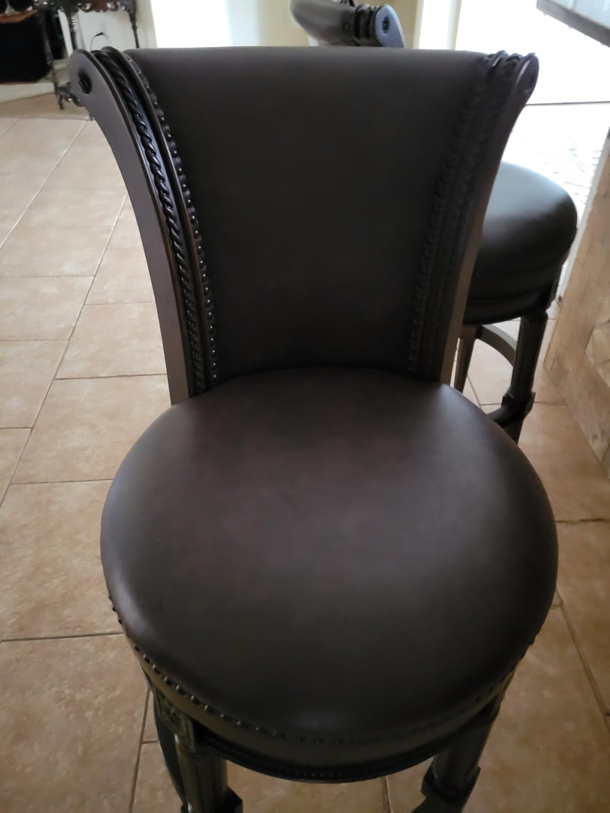 Maven Lane Pullman Bar Stool - 31 Inch Swivel Stool with Footrest - Dark Brown Solid Wood Frame & Brown Faux Leather Upholstery - Perfect for Bars, Pub Tables & Tall Kitchen Counters customer photo 2