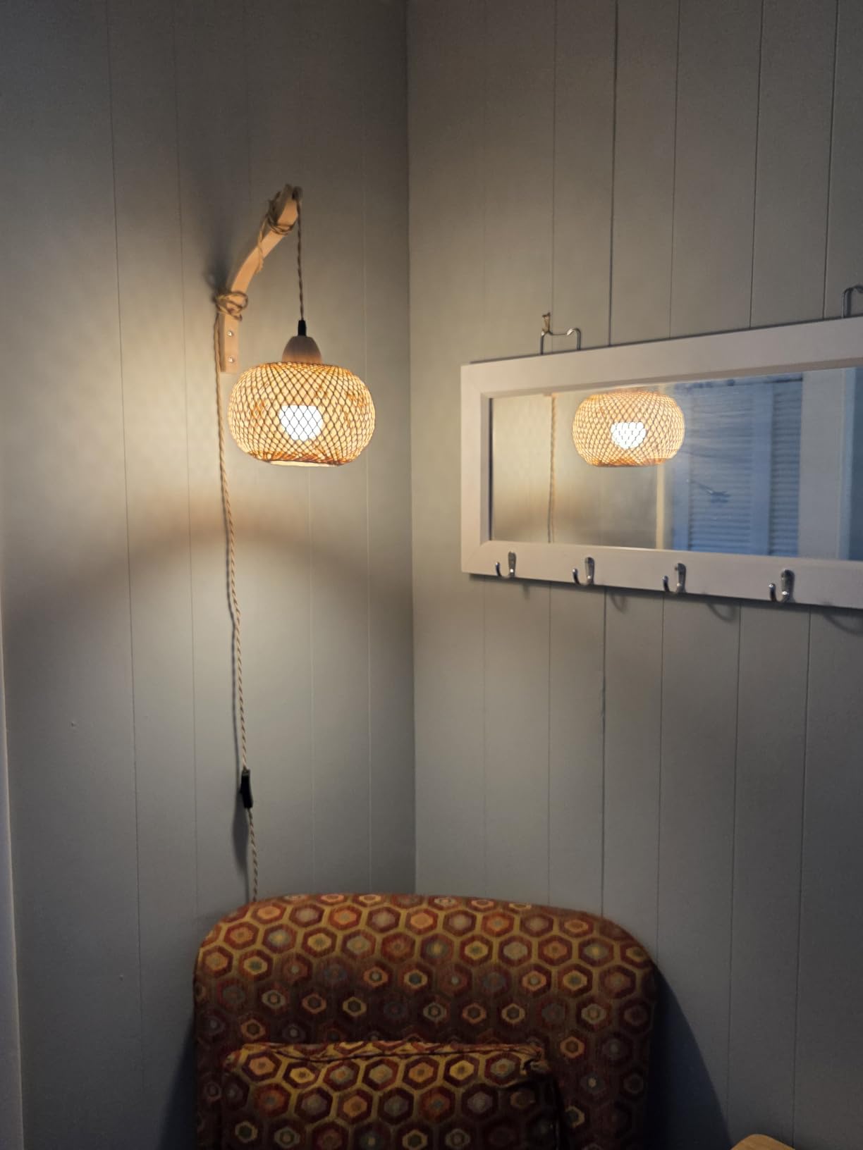 Frideko Bamboo Lantern Plug in Wall Sconces Wicker Wall Lamp with Plug in Cord Hand Woven Rattan Wall Light Farmhouse Rustic Wall Sconces Boho Sconces Wall Lighting for Living Room Bedroom customer photo 2