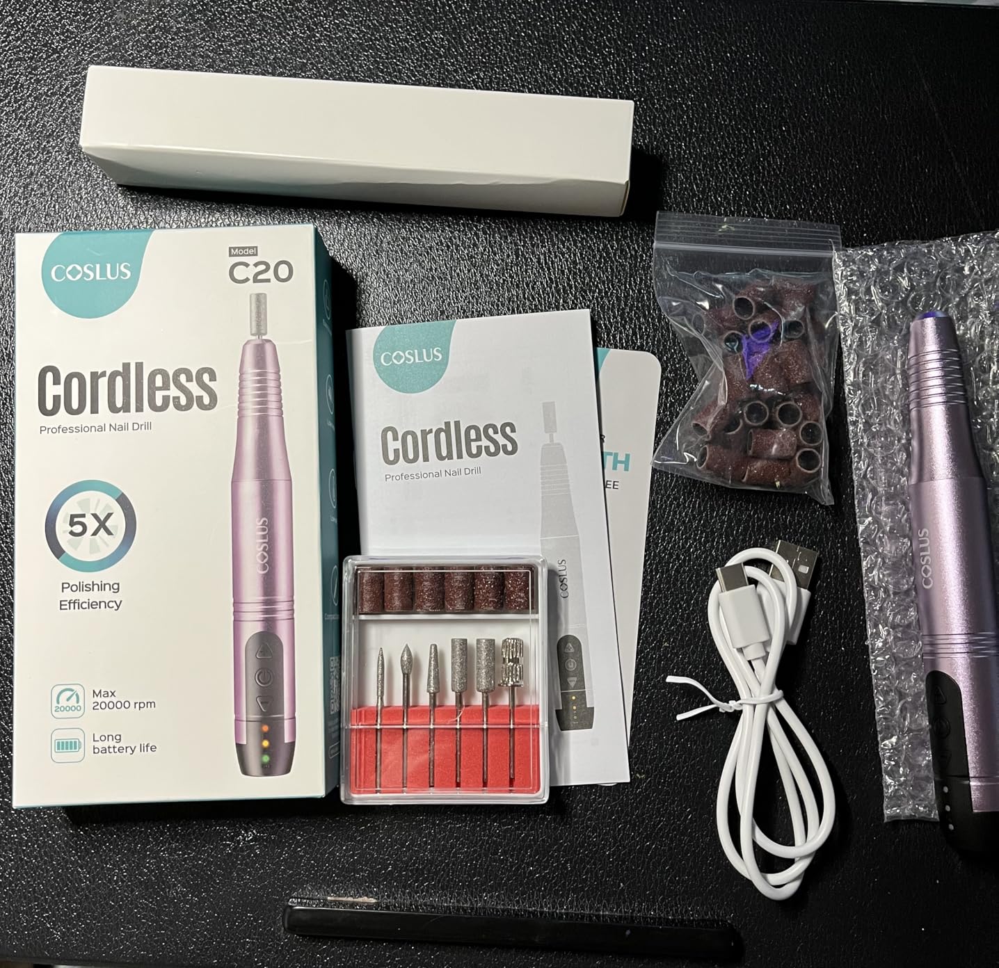COSLUS C20 Cordless Nail Drill Electric File: Professional for Acrylic Gel Dip Powder Nails, Portable All-in-One Nail Drill Machine Kit for Manicure & Pedicure, Rechargeable Lightweight, Purple customer photo 1