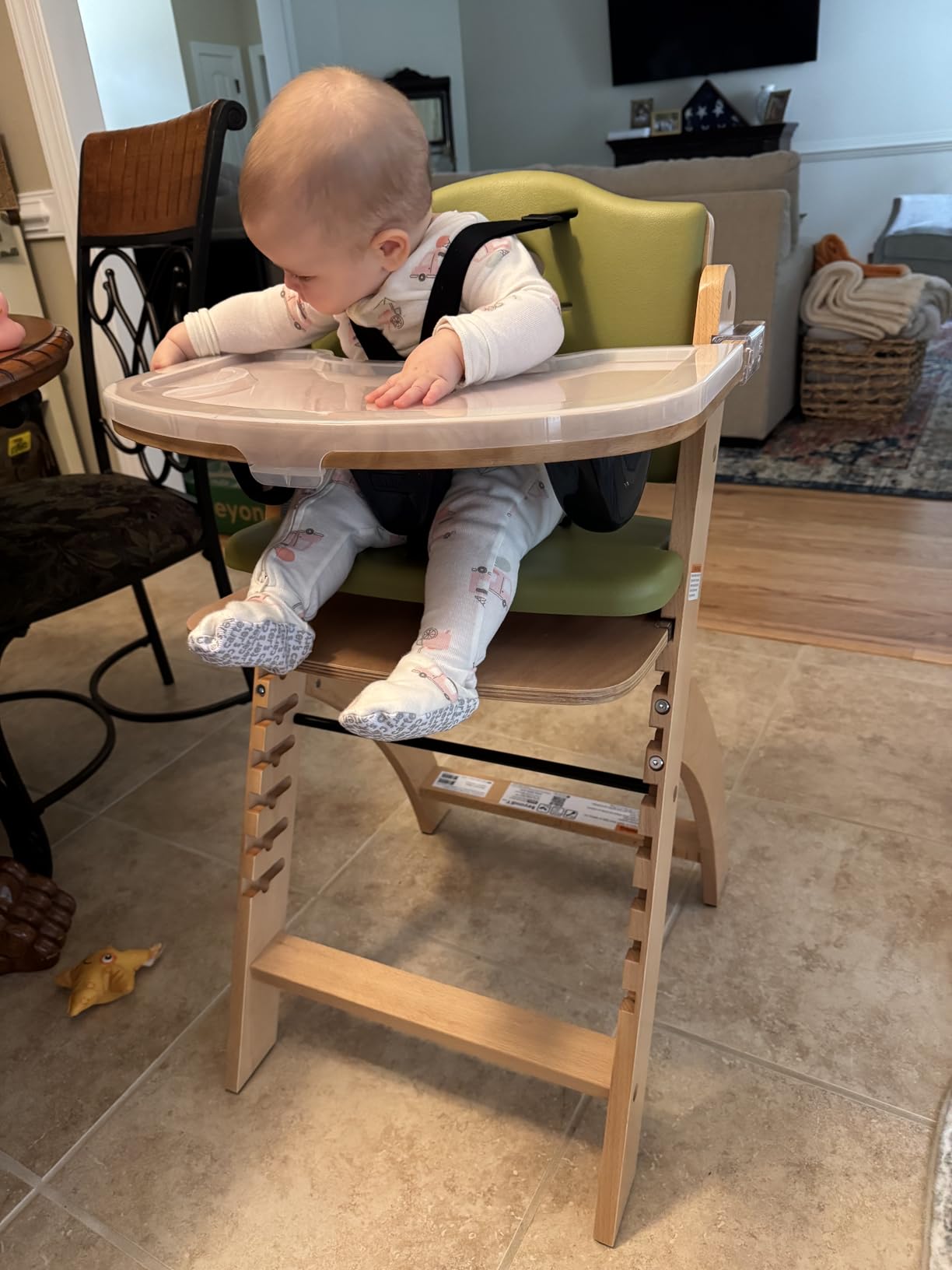 Abiie Beyond Junior Wooden High Chair for Babies and Toddlers - Convertible 3-in-1 Baby Highchair with Removable Tray - 6 Months to 250 Lb - Water Resistant - Natural Wood/Dove Grey Cushion customer photo 2