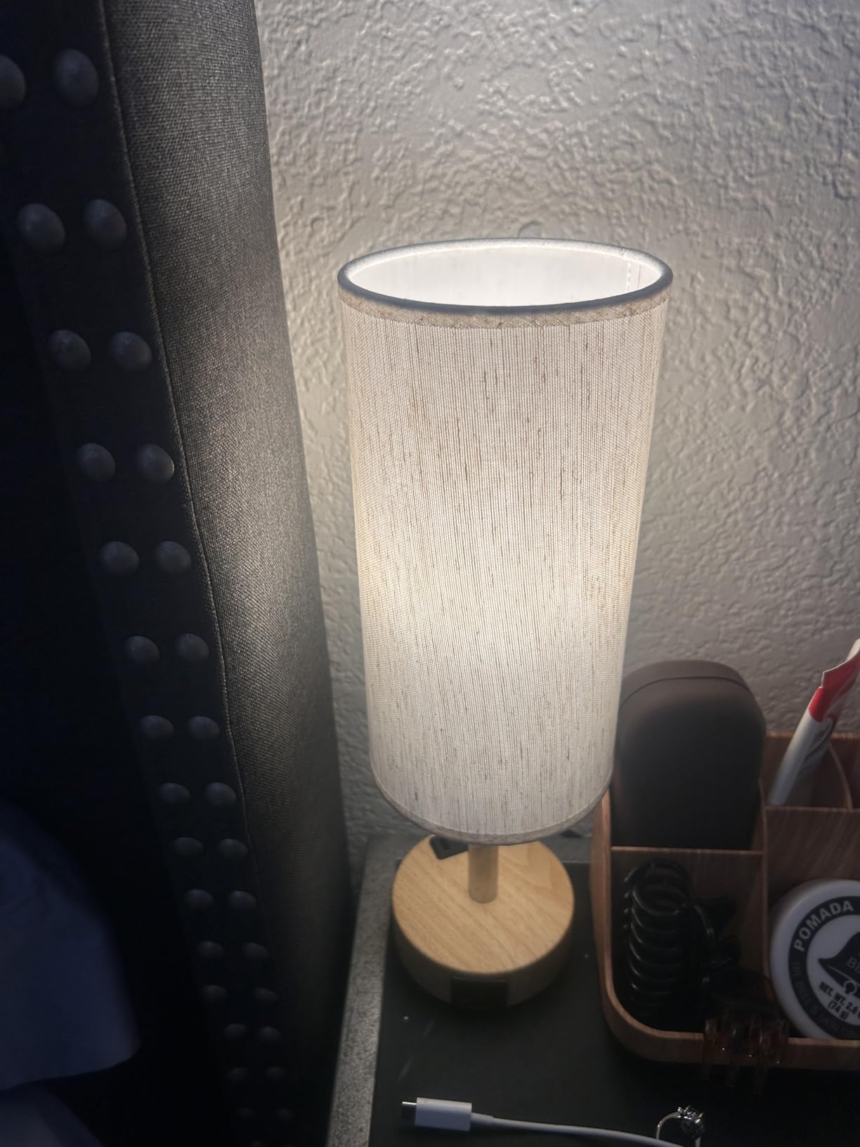 Fenmzee Bedside Table Lamp for Bedroom - 3 Way Dimmable Touch Lamp USB C Charging Ports and AC Outlet, Small Lamp Wood Base Round Flaxen Fabric Shade for Living Room, Desk, LED Bulb Included customer photo 2
