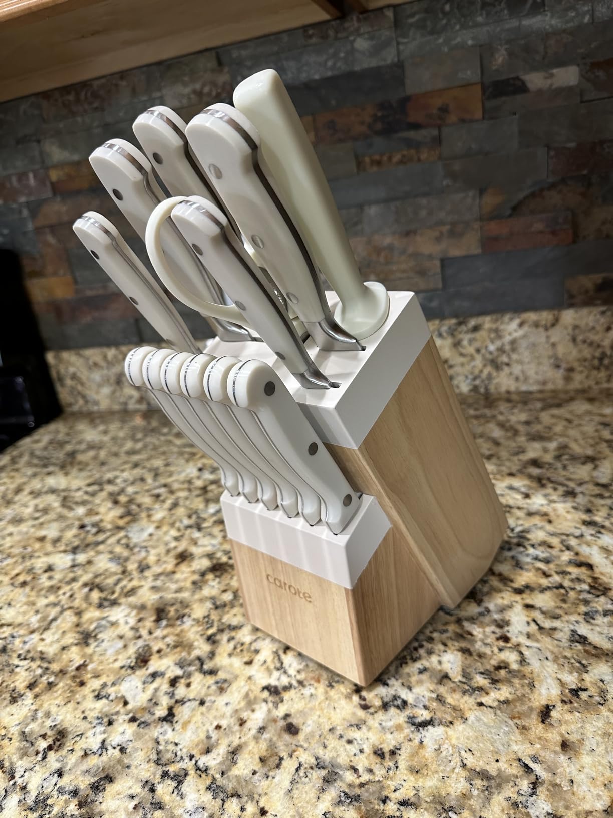 CAROTE 14 Pieces Knife Set with Block, Forged, High Carbon Stainless Steel Sharp Blade Block Knife Set, Dishwasher Safe Cutlery, Cream customer photo 1
