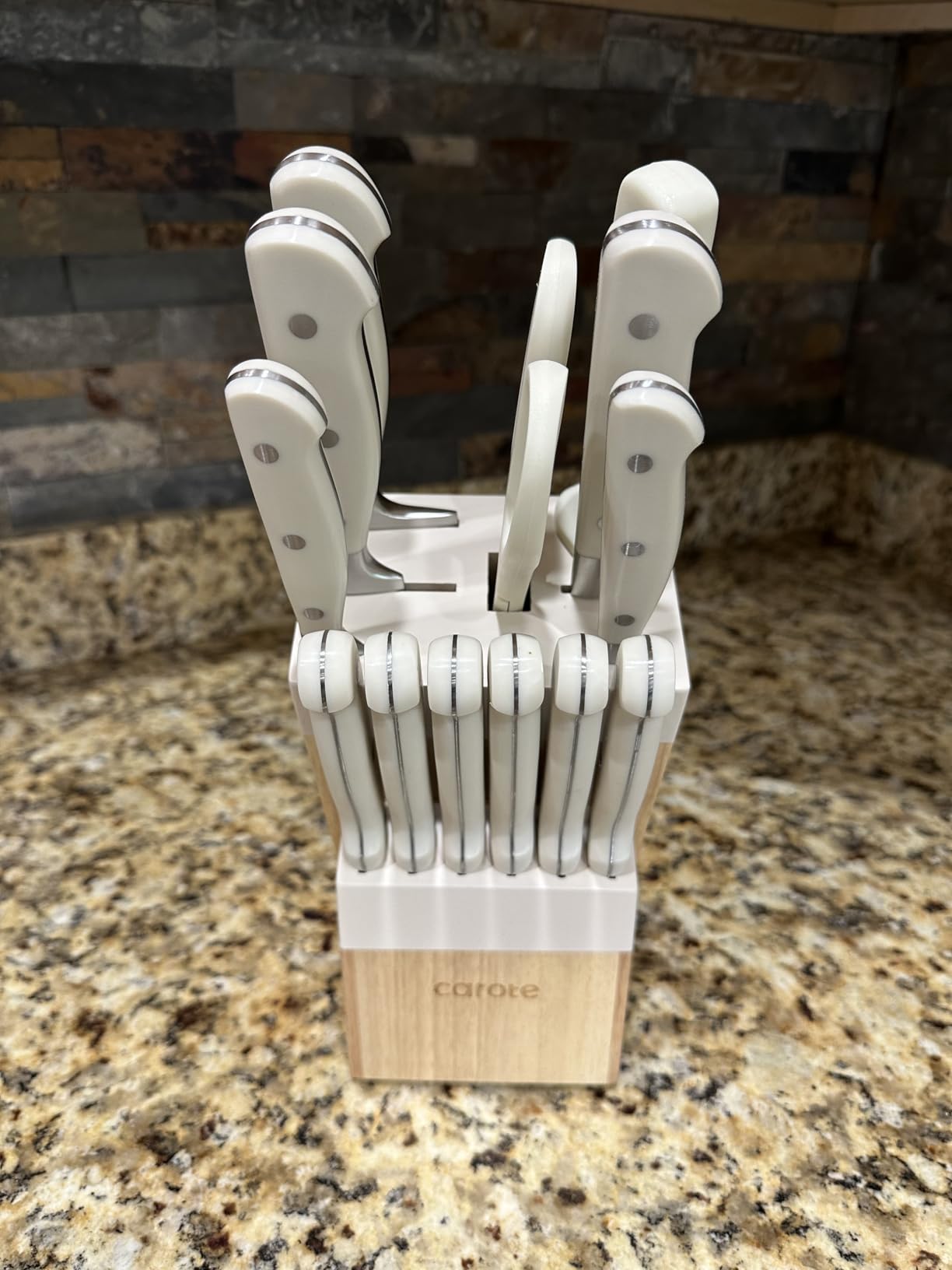 CAROTE 14 Pieces Knife Set with Block, Forged, High Carbon Stainless Steel Sharp Blade Block Knife Set, Dishwasher Safe Cutlery, Cream customer photo 2
