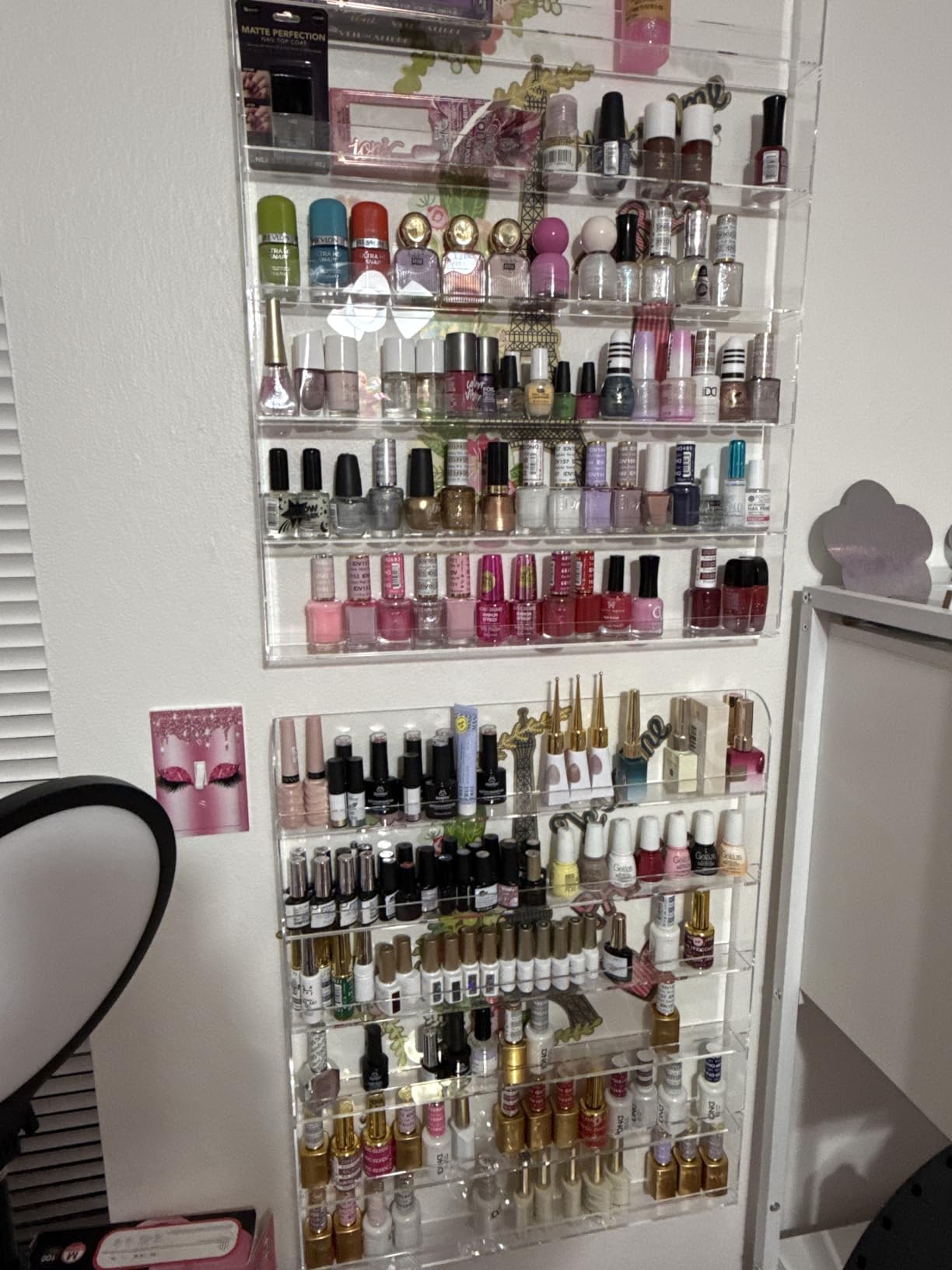 FEMELI 20 * 24 Inch Nail Polish Wall Racks 1 Pack, Hold Up to 120 Bottles, Clear Acrylic Nail Polish Shelf Organizer Wall Mounted 6 Rows (1) customer photo 2
