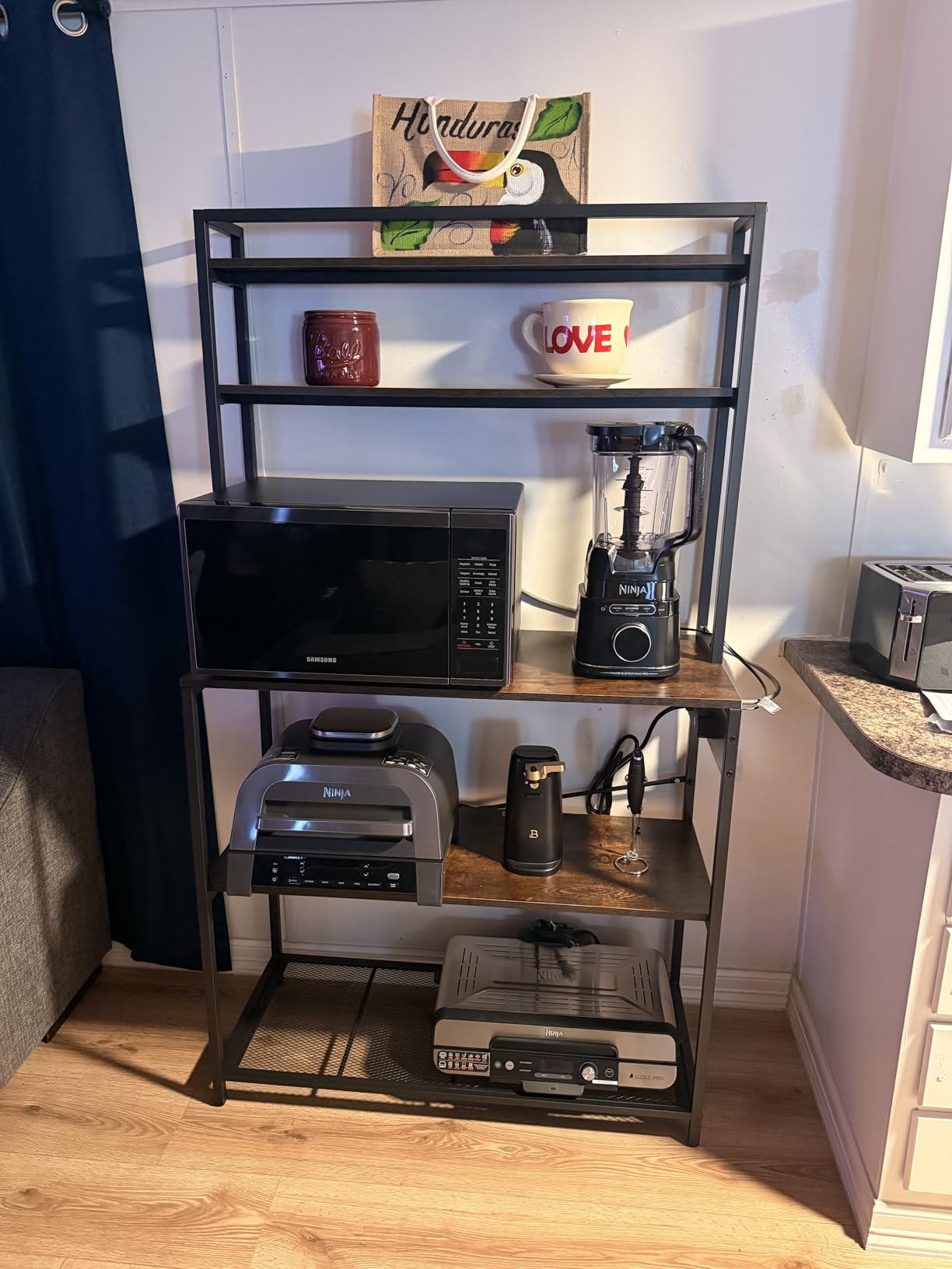 Denkee Large Bakers Rack with Power Outlets, 38 Inch Microwave Stand with Storage, 5-Tier Coffee Bar Stand, Industrial Kitchen Shelf Rack, Rustic Brown customer photo 2
