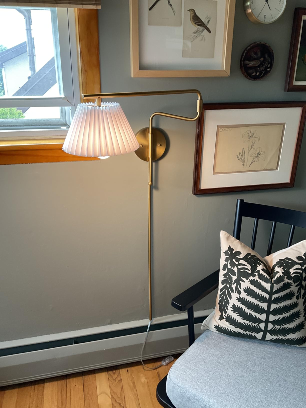 Nathan James Kai Modern Wall Mounted Plugin Bedside Reading Lamp with Pleated Shade, Vintaged Brass Finish customer photo 2