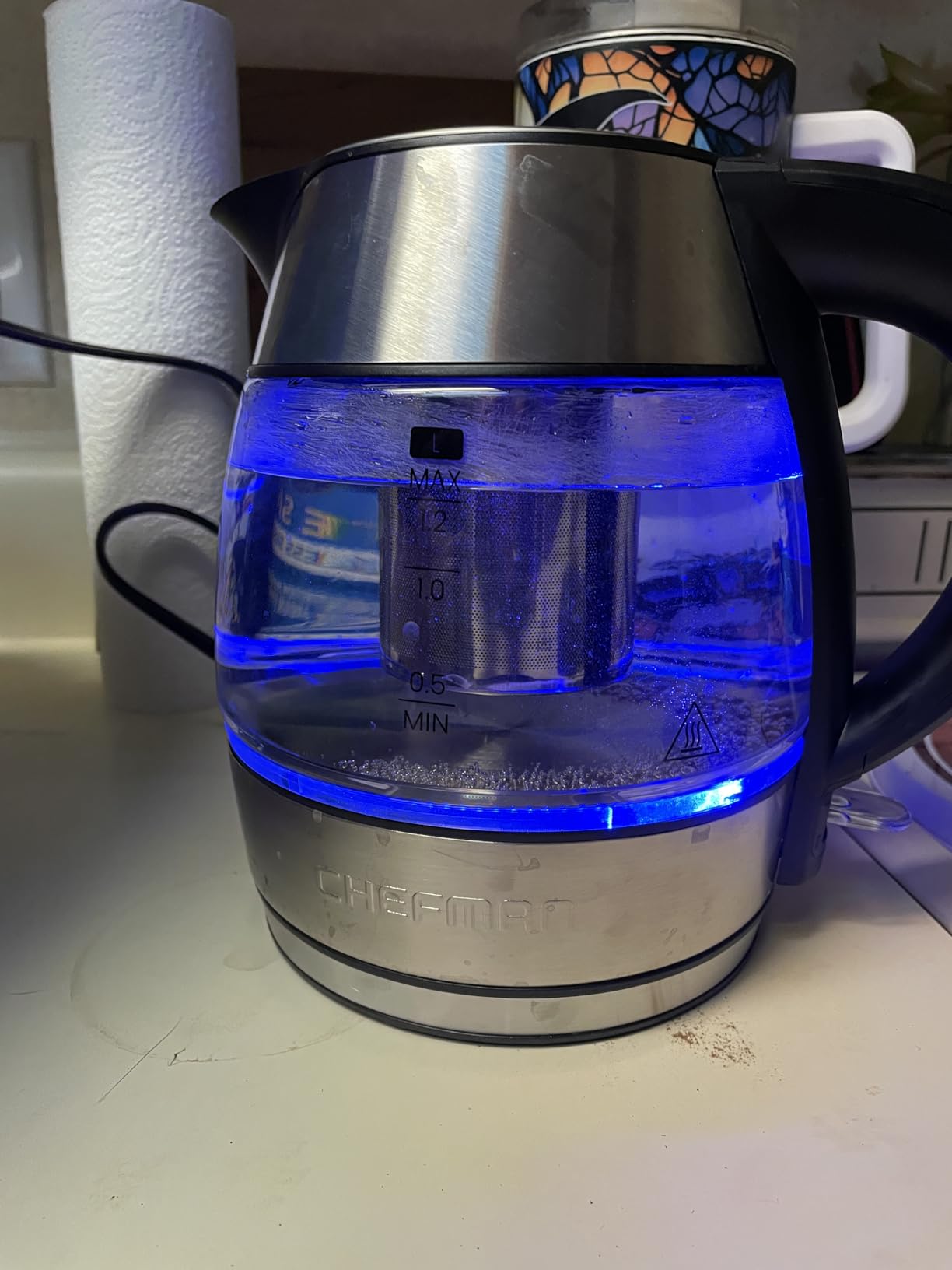 CHEFMAN Electric Kettle - 1.2L 1500W Hot Water Tea Pot with Infuser, BPA Free, Auto Shut Off, Boil-Dry Protection, Removable Lid, LED Light, Cordless Glass Electric Tea Kettle - Stainless Steel customer photo 1
