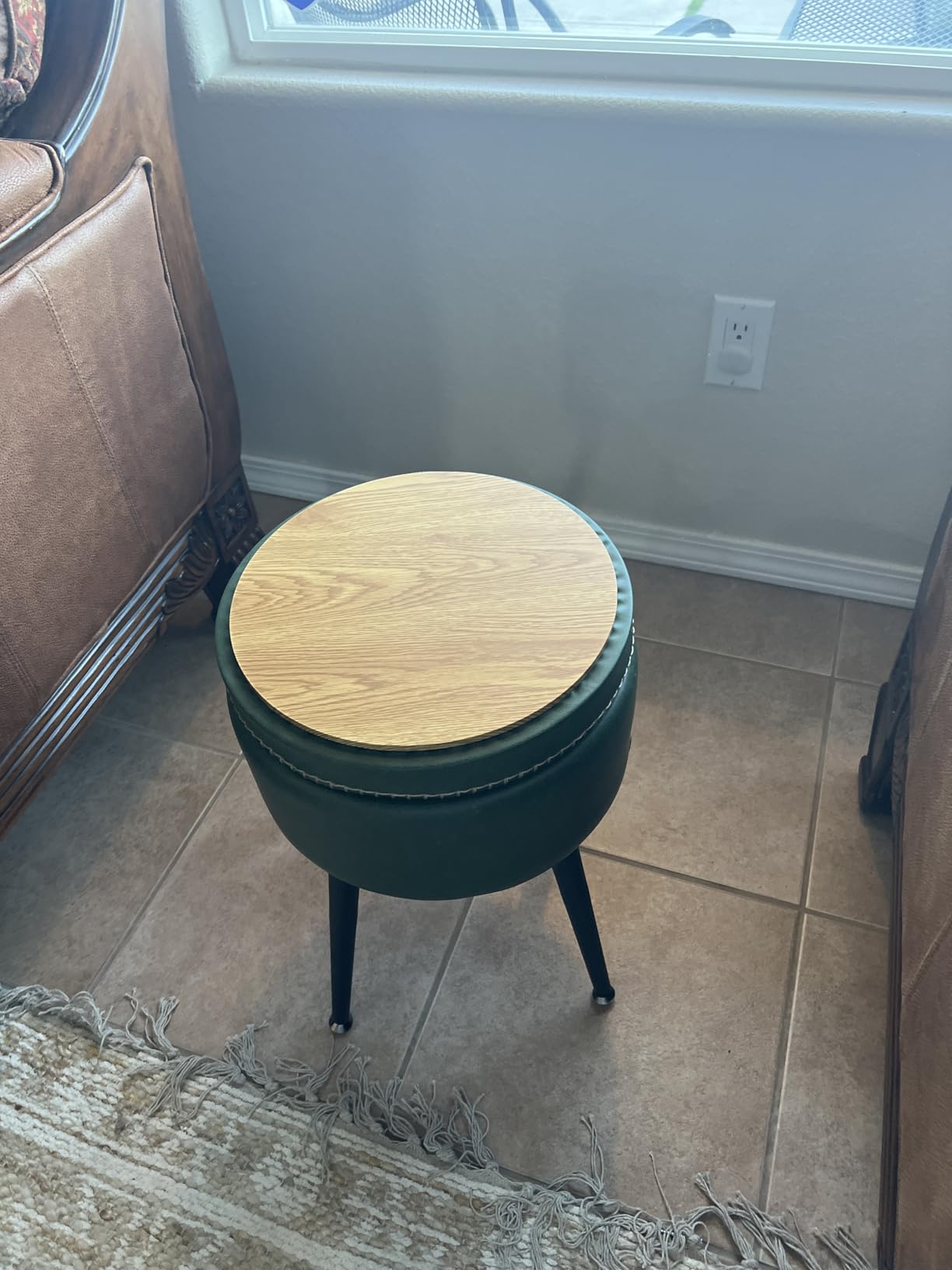 VASAGLE EKHO Collection - Storage Ottoman, Vanity Chair Stool, Synthetic Leather with Stitching, Mid-Century Modern, Round Storage Seat with Steel Legs, Loads 330 lb, Caramel Brown ULOM005K01 customer photo 2