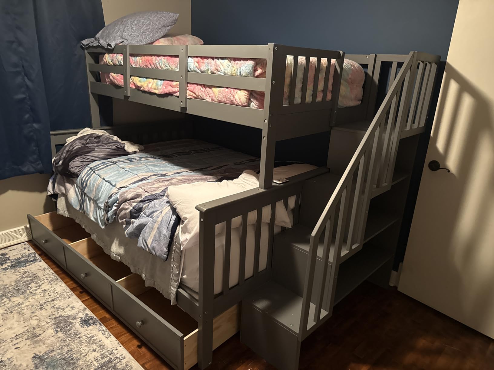 Stairway Bunk Bed Twin over Full, Wood Bunk Bed Frame with Storage Drawers, Staircase and Full-Length Guardrails for Kids Teens Adults, Convertible to 2 Beds, Space Saving, Gray customer photo 2
