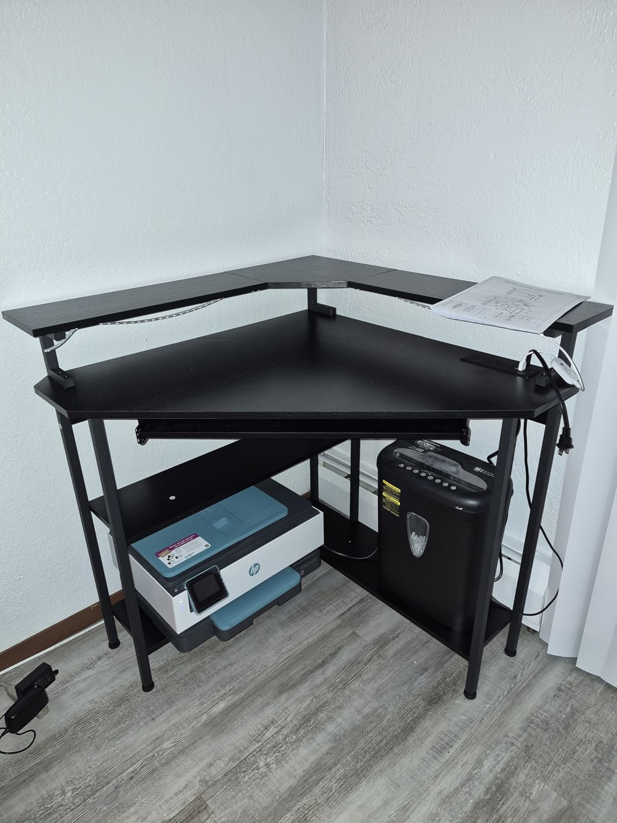 Auromie Corner Desk with Charging Station & LED Light, Triangle Corner Desk with Monitor Stand & Keyboard Tray for Small Space, Gaming Computer Desk with Storage Shelves, Black customer photo 2