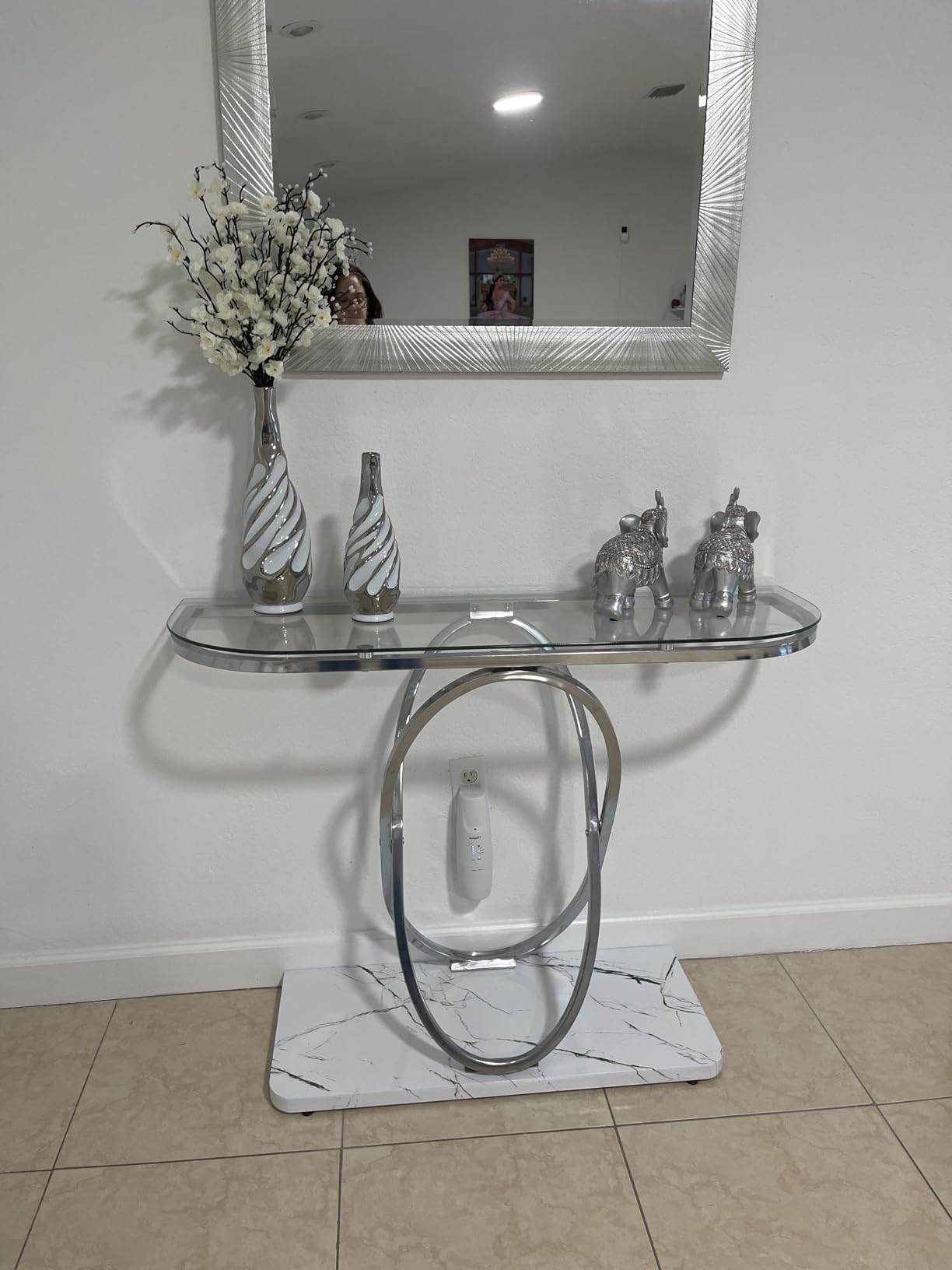 O&K FURNITURE Silver Glass Console Tables for Entryway,Glass Entryway Table with Curved Frames and Marble Base, Modern Entrance Table Sofa Table for Living Room,Hallway,Silver Glass&White Marble customer photo 1